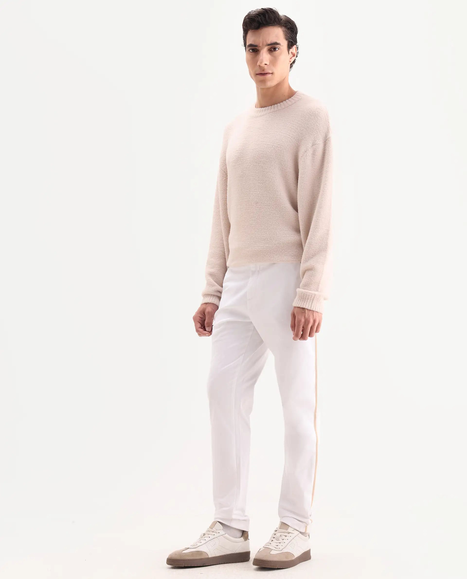 Rare Rabbit Men's Caloon White Cotton Blend Plain Regular Fit Trouser