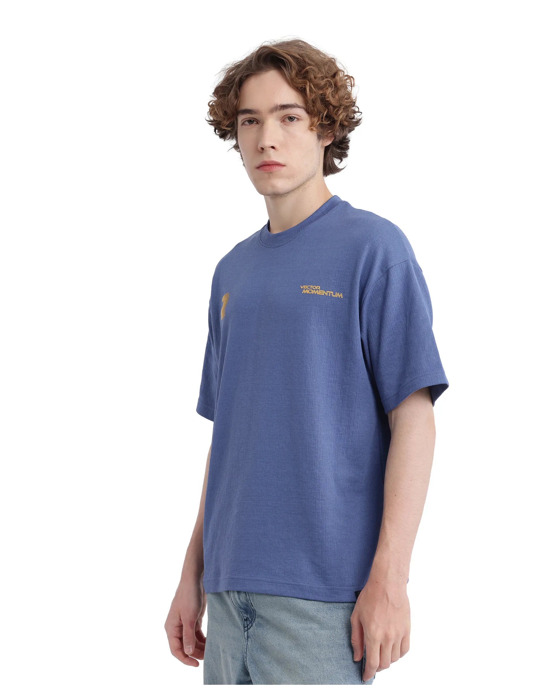 Rare Rabbit Men Calro Dusky Blue Cotton Poly Fabric Short Sleeve Crew Neck Oversized Fit Graphic Typography Print T-Shirt