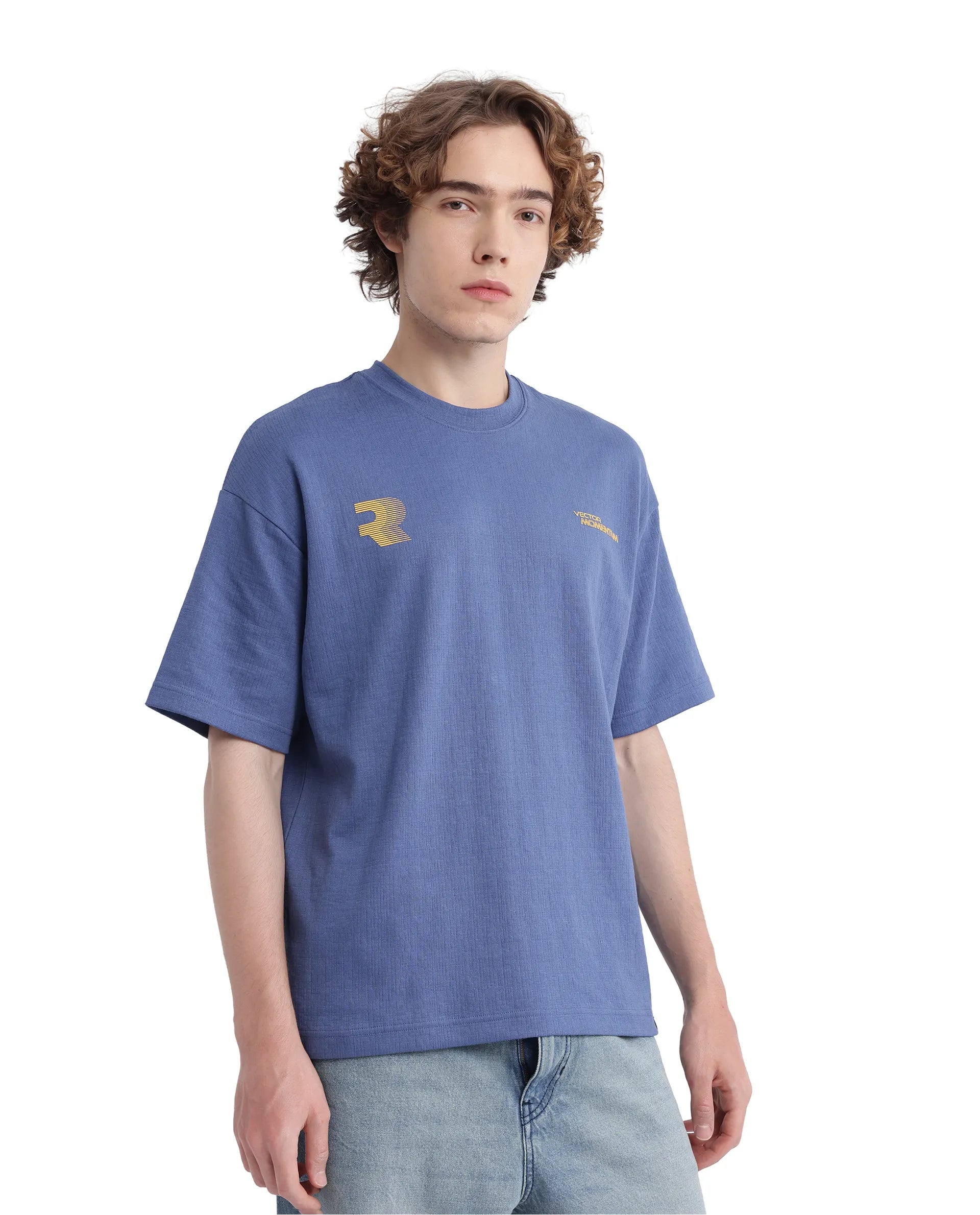 Rare Rabbit Men Calro Dusky Blue Cotton Poly Fabric Short Sleeve Crew Neck Oversized Fit Graphic Typography Print T-Shirt