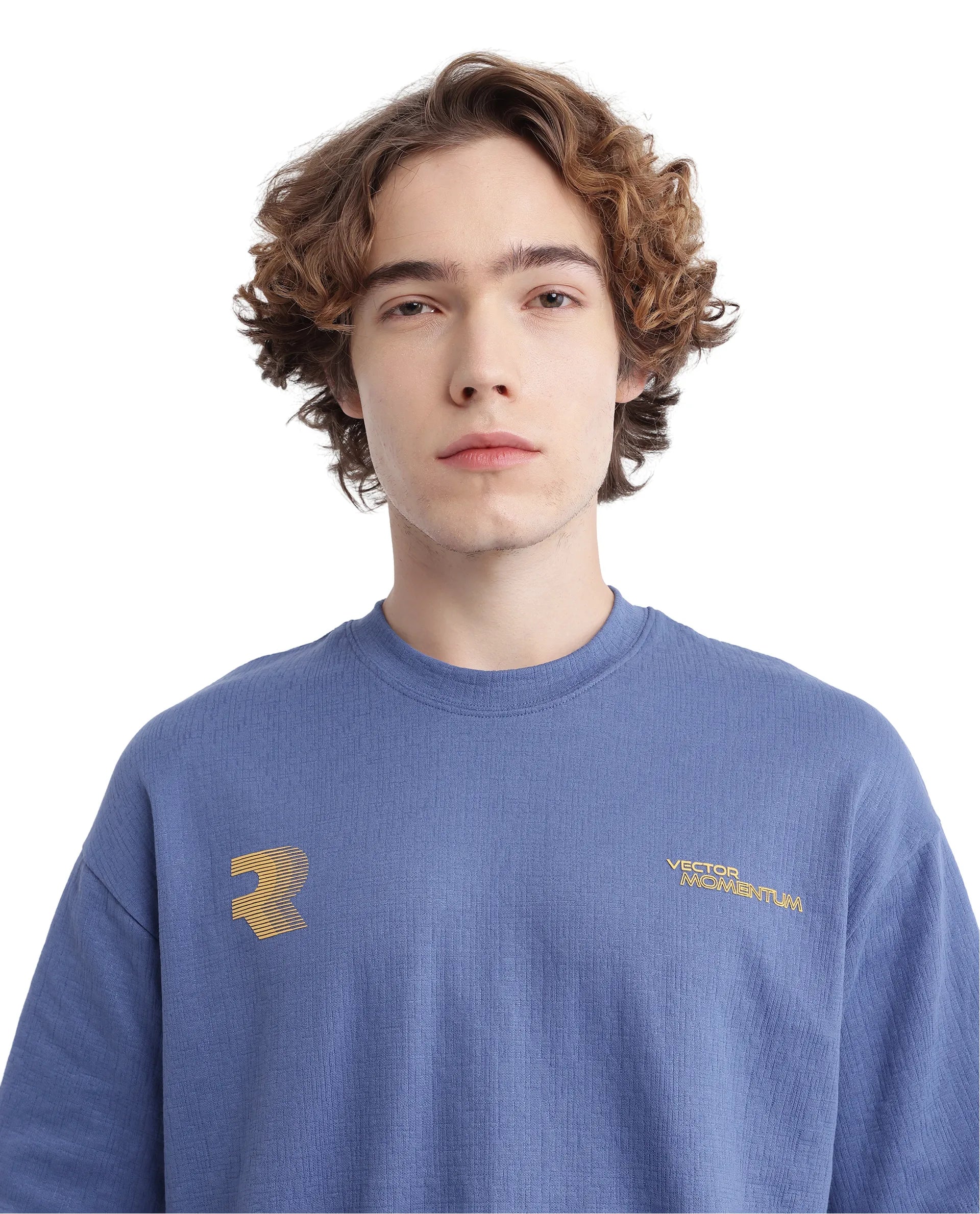 Rare Rabbit Men Calro Dusky Blue Cotton Poly Fabric Short Sleeve Crew Neck Oversized Fit Graphic Typography Print T-Shirt