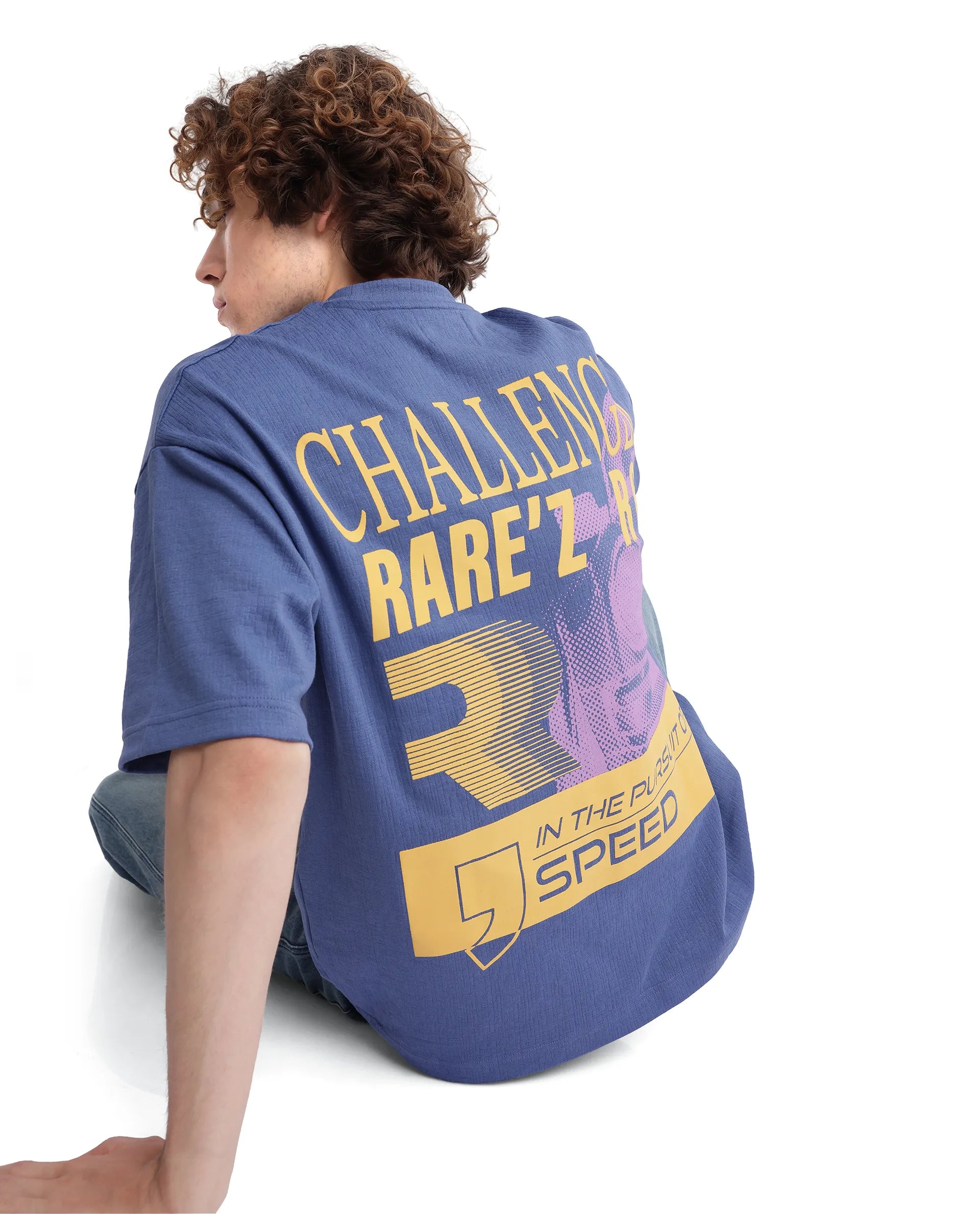 Rare Rabbit Men Calro Dusky Blue Cotton Poly Fabric Short Sleeve Crew Neck Oversized Fit Graphic Typography Print T-Shirt