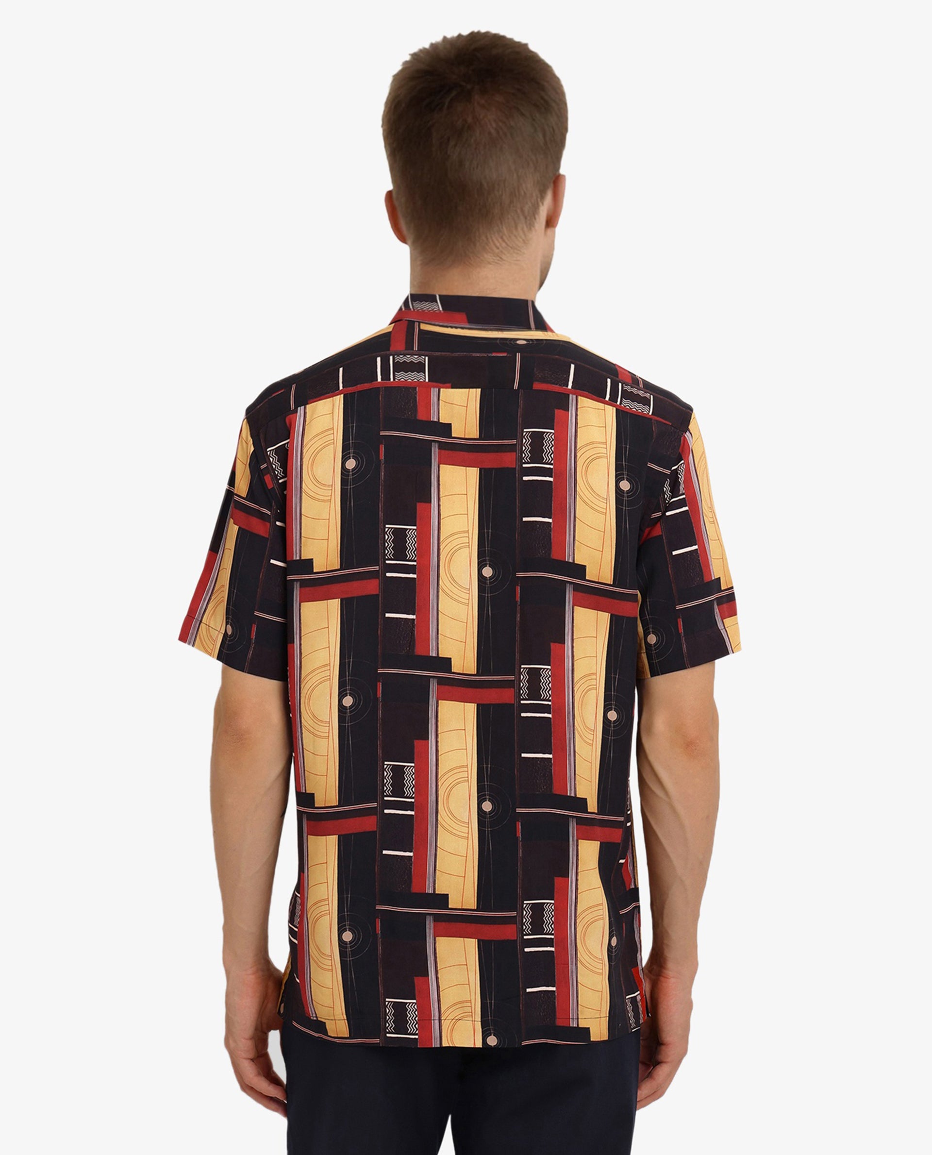 Rare Rabbit Men Calt Black Viscose Fabric Short Sleeve Boxy Fit Abstract Print Shirt