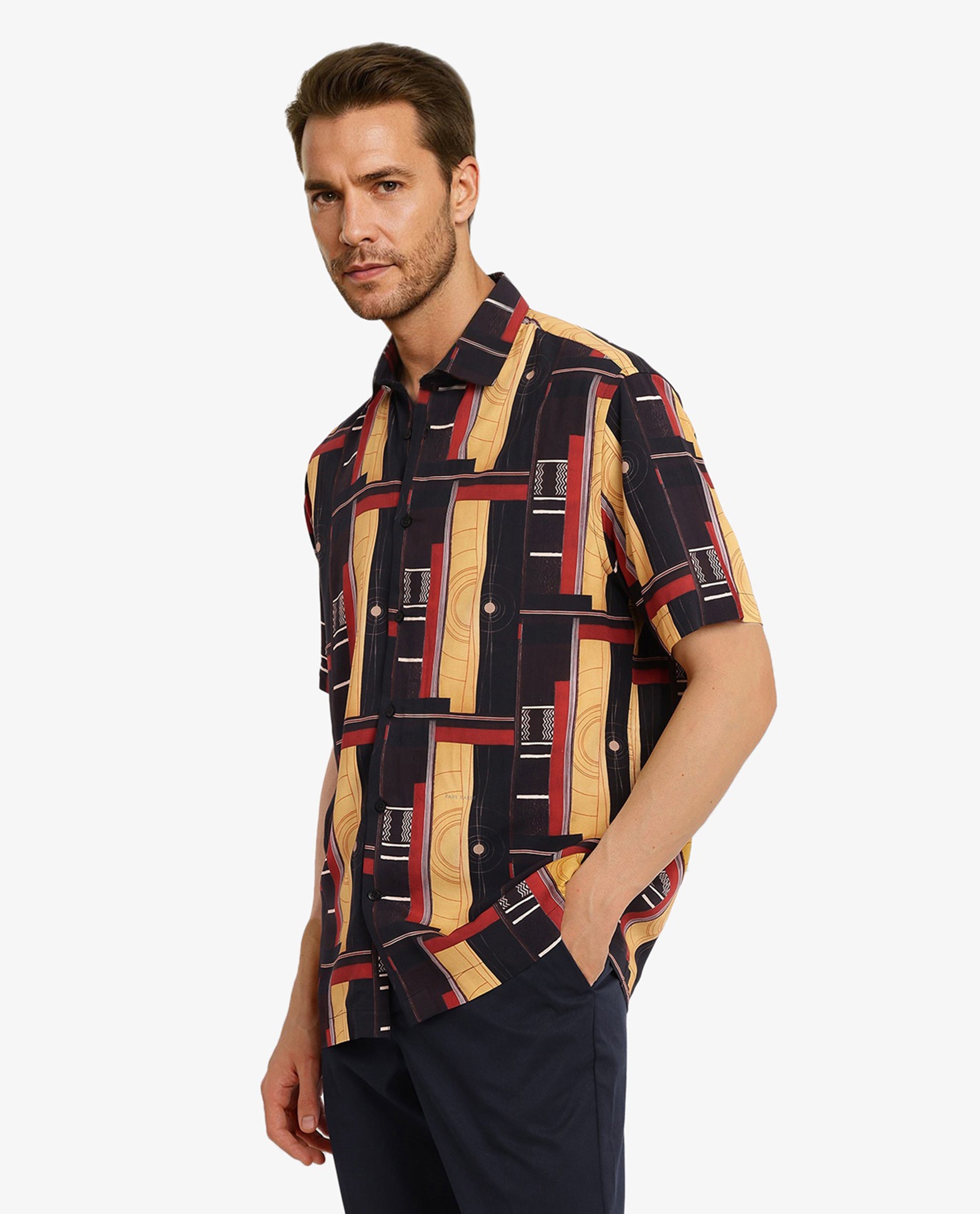 Rare Rabbit Men Calt Black Viscose Fabric Short Sleeve Boxy Fit Abstract Print Shirt