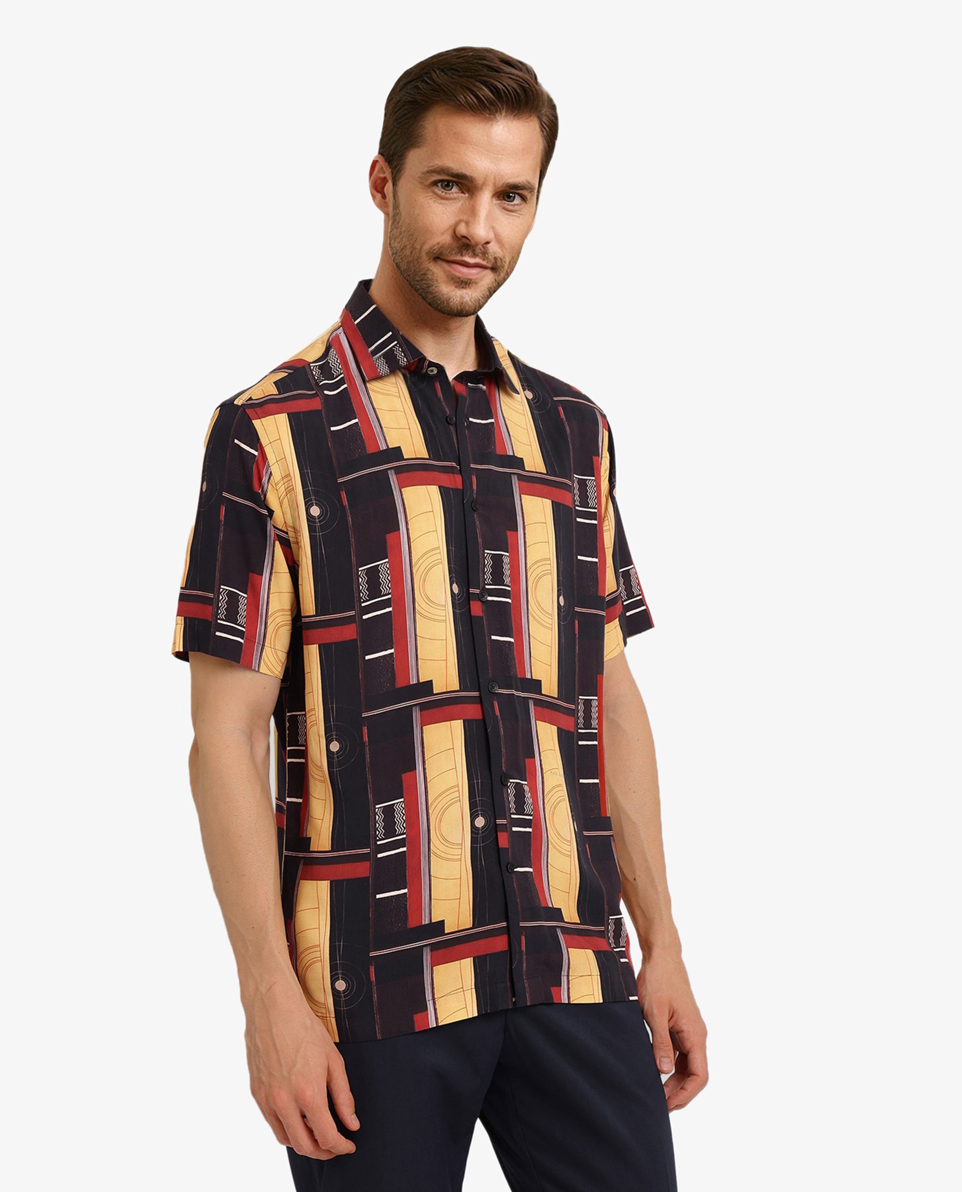 Rare Rabbit Men Calt Black Viscose Fabric Short Sleeve Boxy Fit Abstract Print Shirt