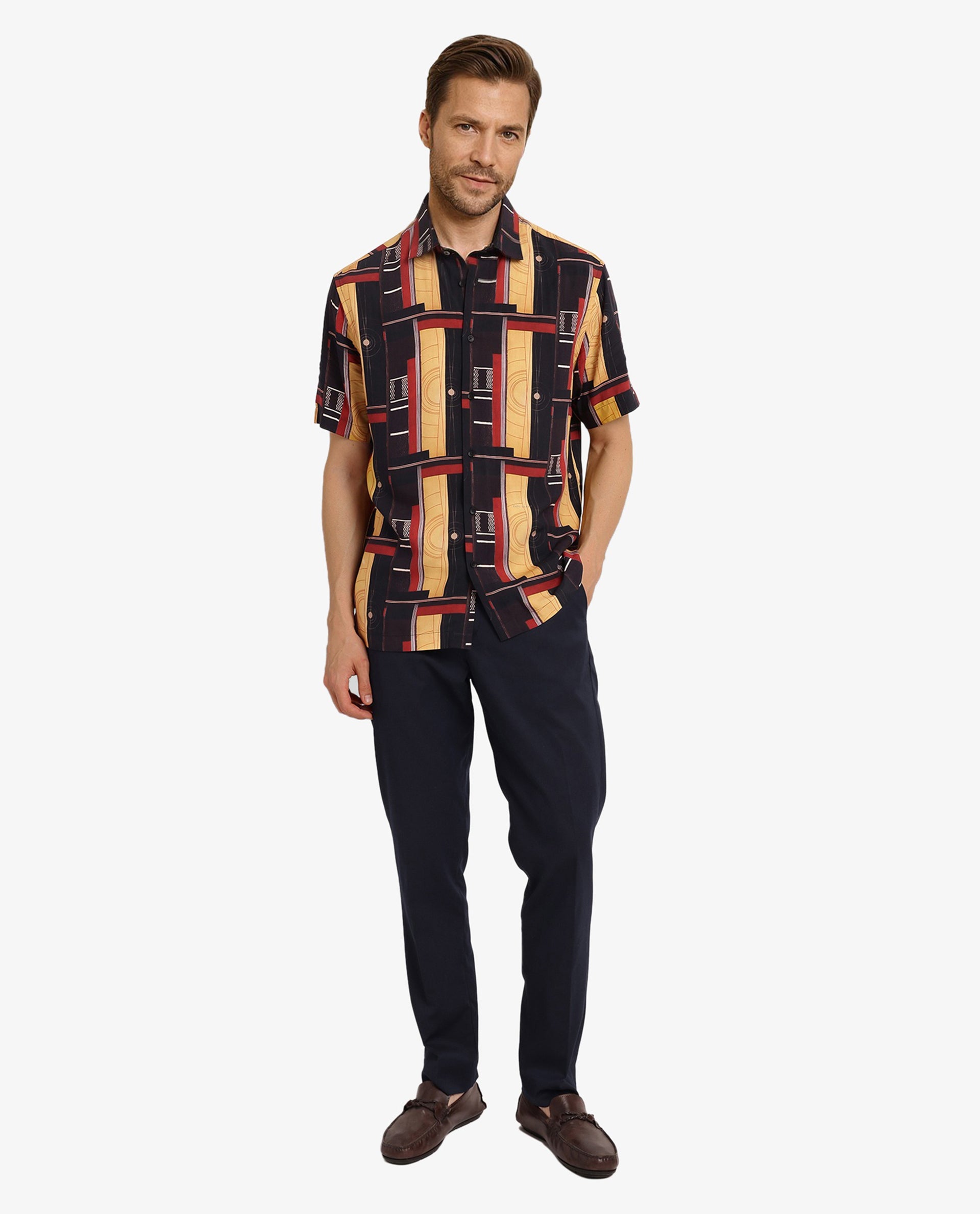 Rare Rabbit Men Calt Black Viscose Fabric Short Sleeve Boxy Fit Abstract Print Shirt