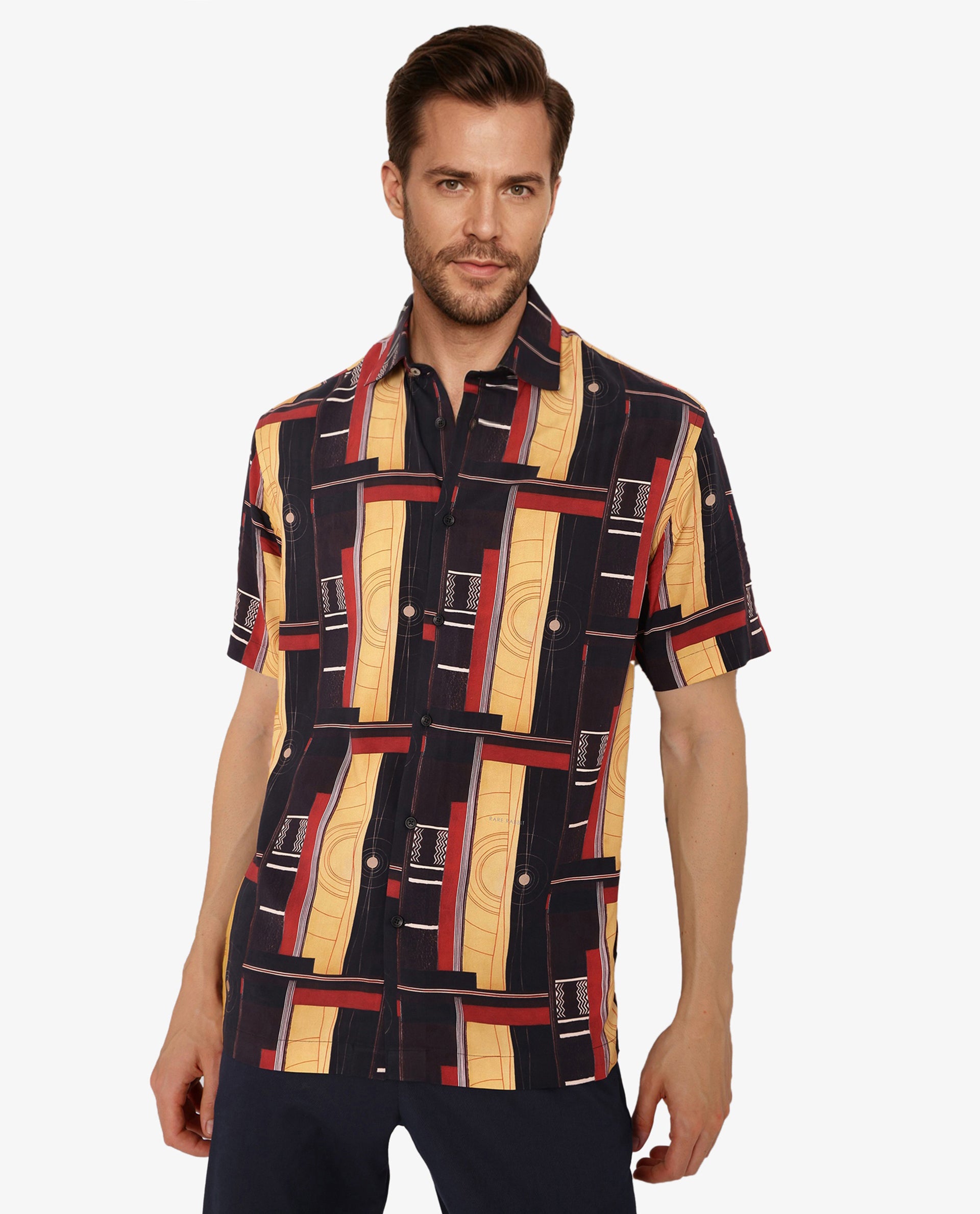 Rare Rabbit Men Calt Black Viscose Fabric Short Sleeve Boxy Fit Abstract Print Shirt