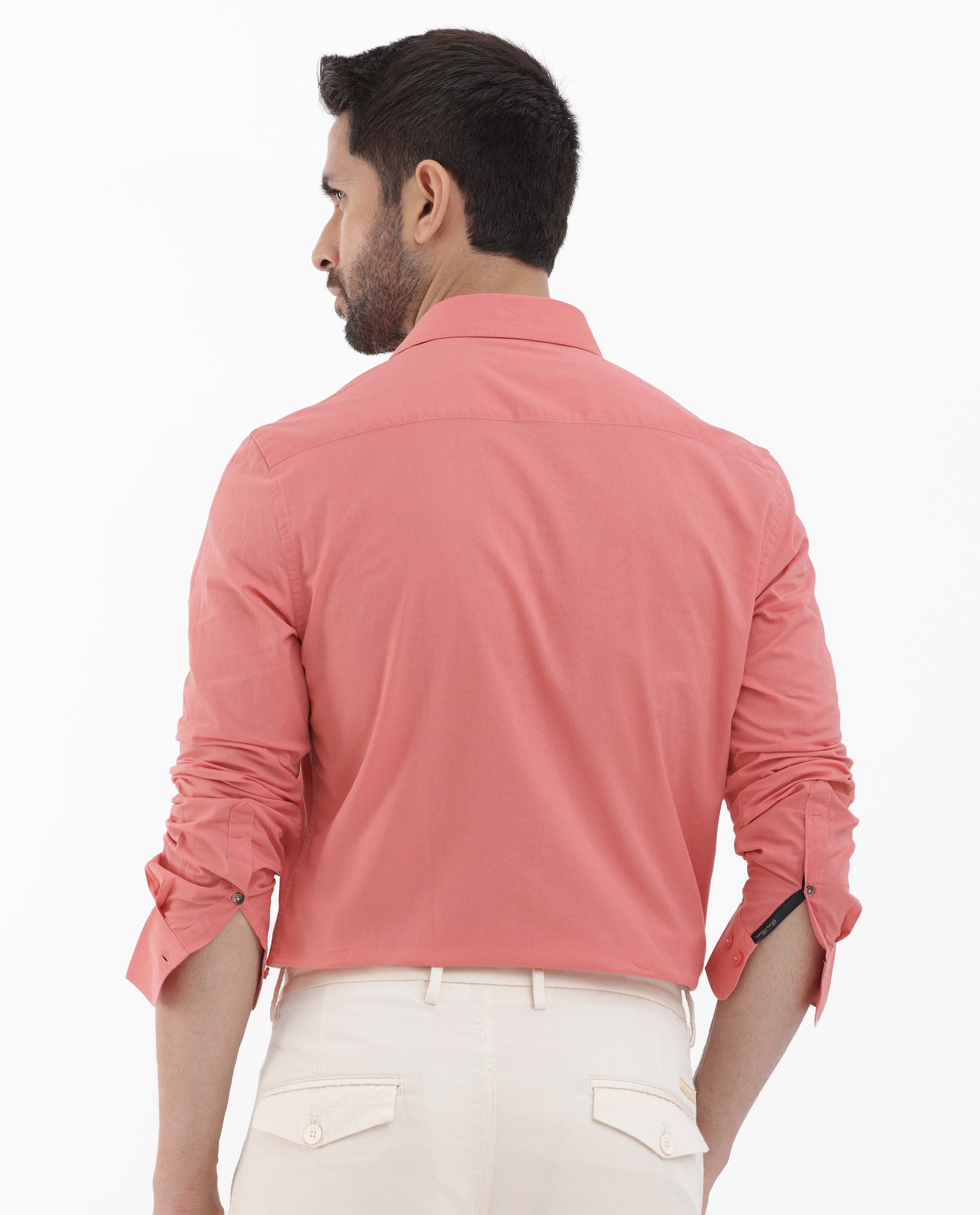 Rare Rabbit Men's Cambo Fluorescent Pink Cambric Fabric Full Sleeves Solid Shirt