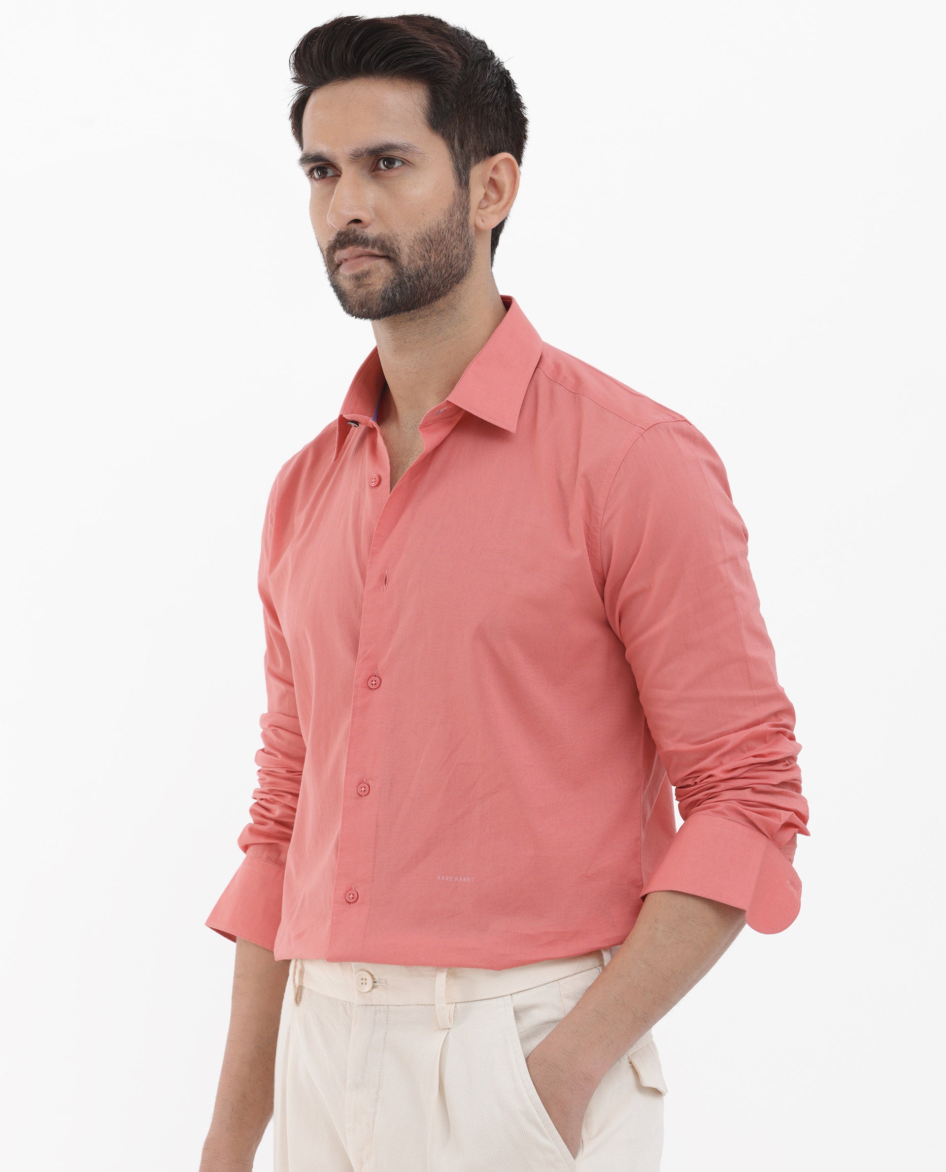 Rare Rabbit Men's Cambo Fluorescent Pink Cambric Fabric Full Sleeves Solid Shirt