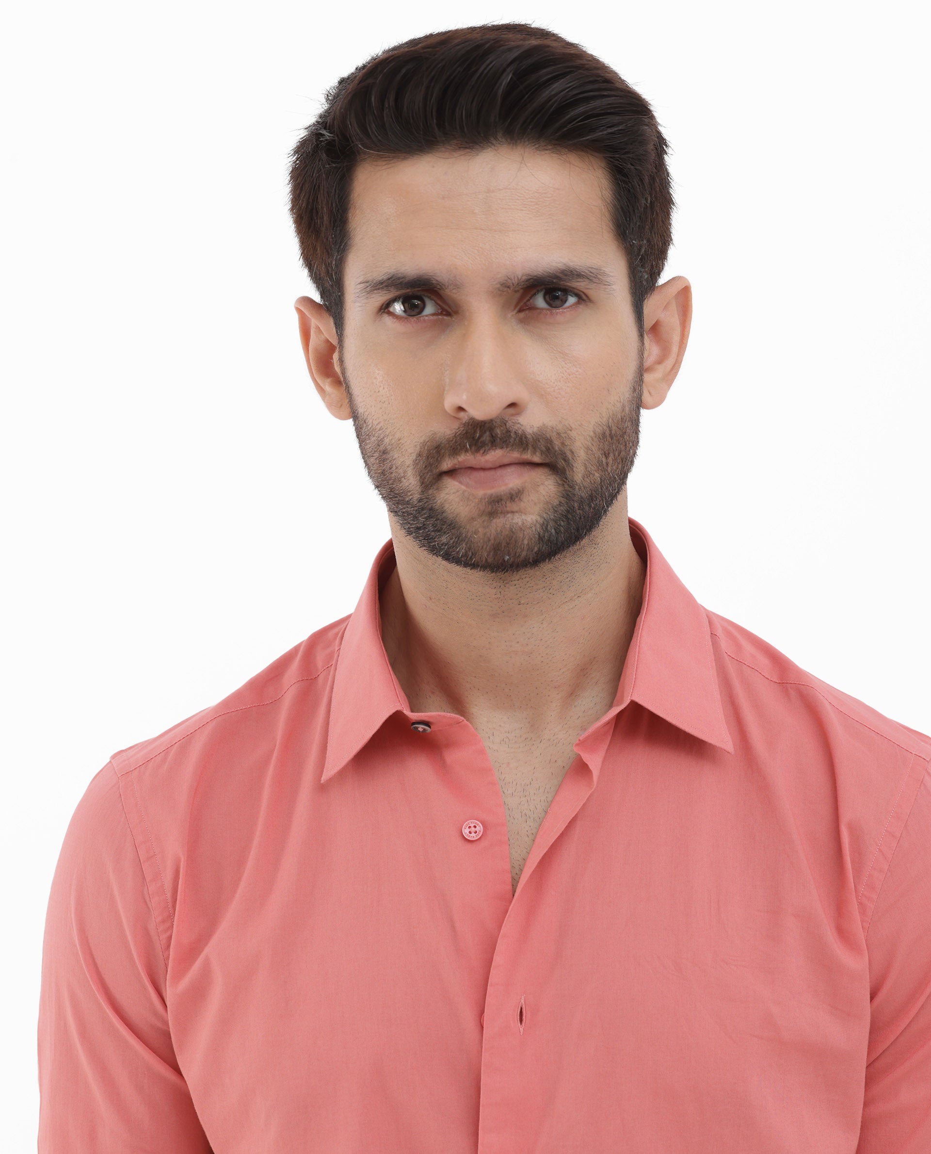 Rare Rabbit Men's Cambo Fluorescent Pink Cambric Fabric Full Sleeves Solid Shirt