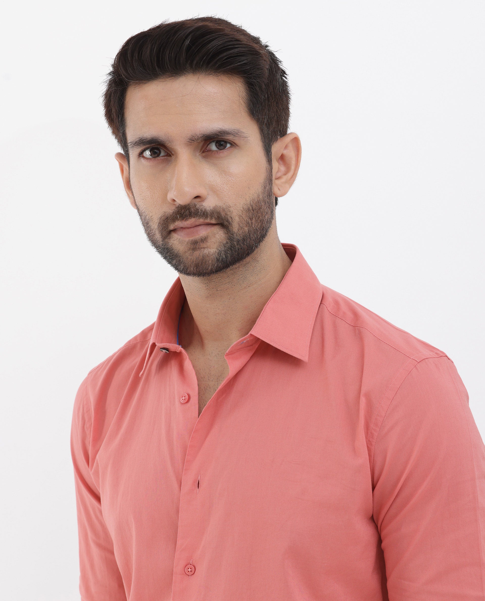 Rare Rabbit Men's Cambo Fluorescent Pink Cambric Fabric Full Sleeves Solid Shirt