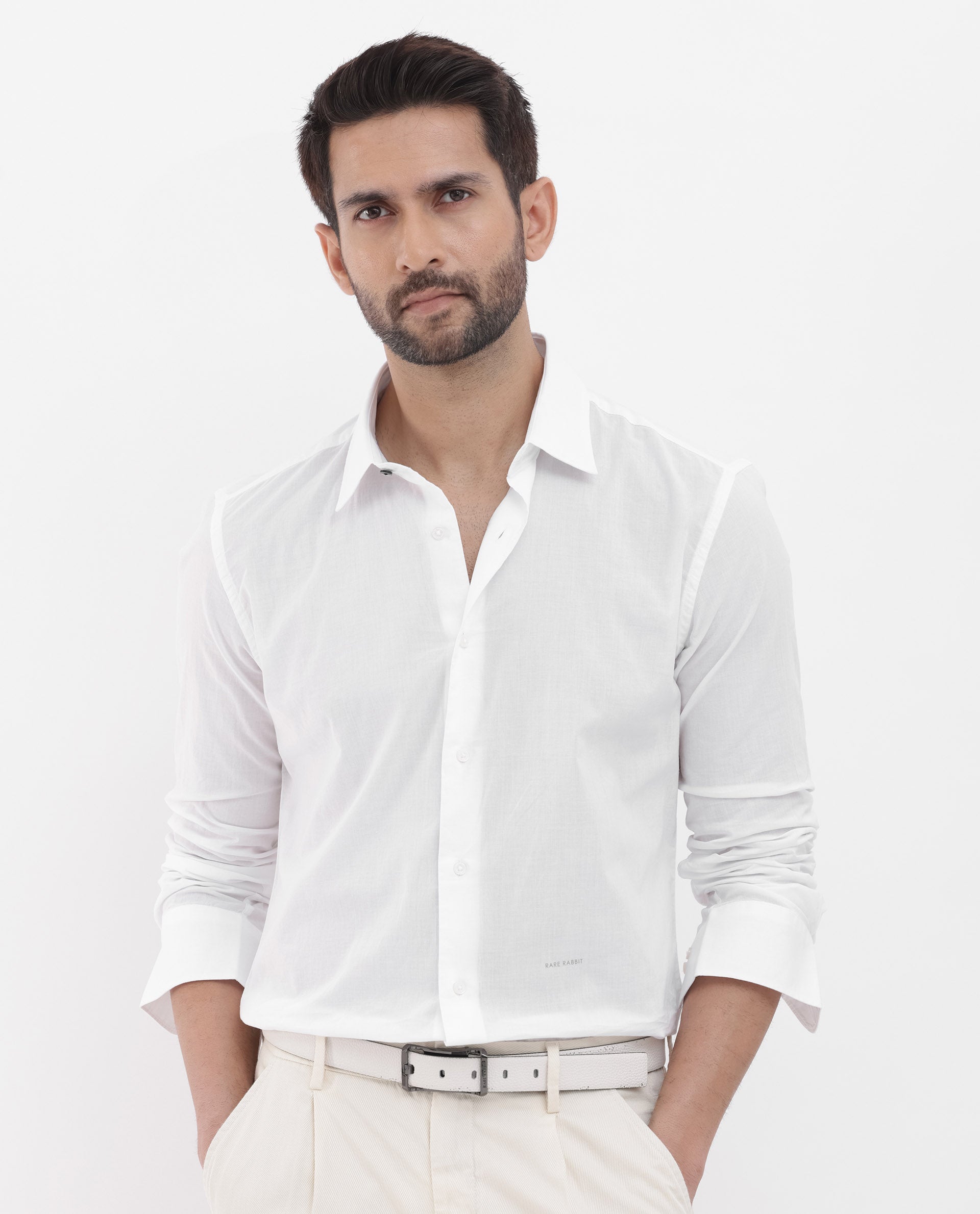 Rare Rabbit Mens Cambo White Cambric Fabric Full Sleeve Solid Shirt