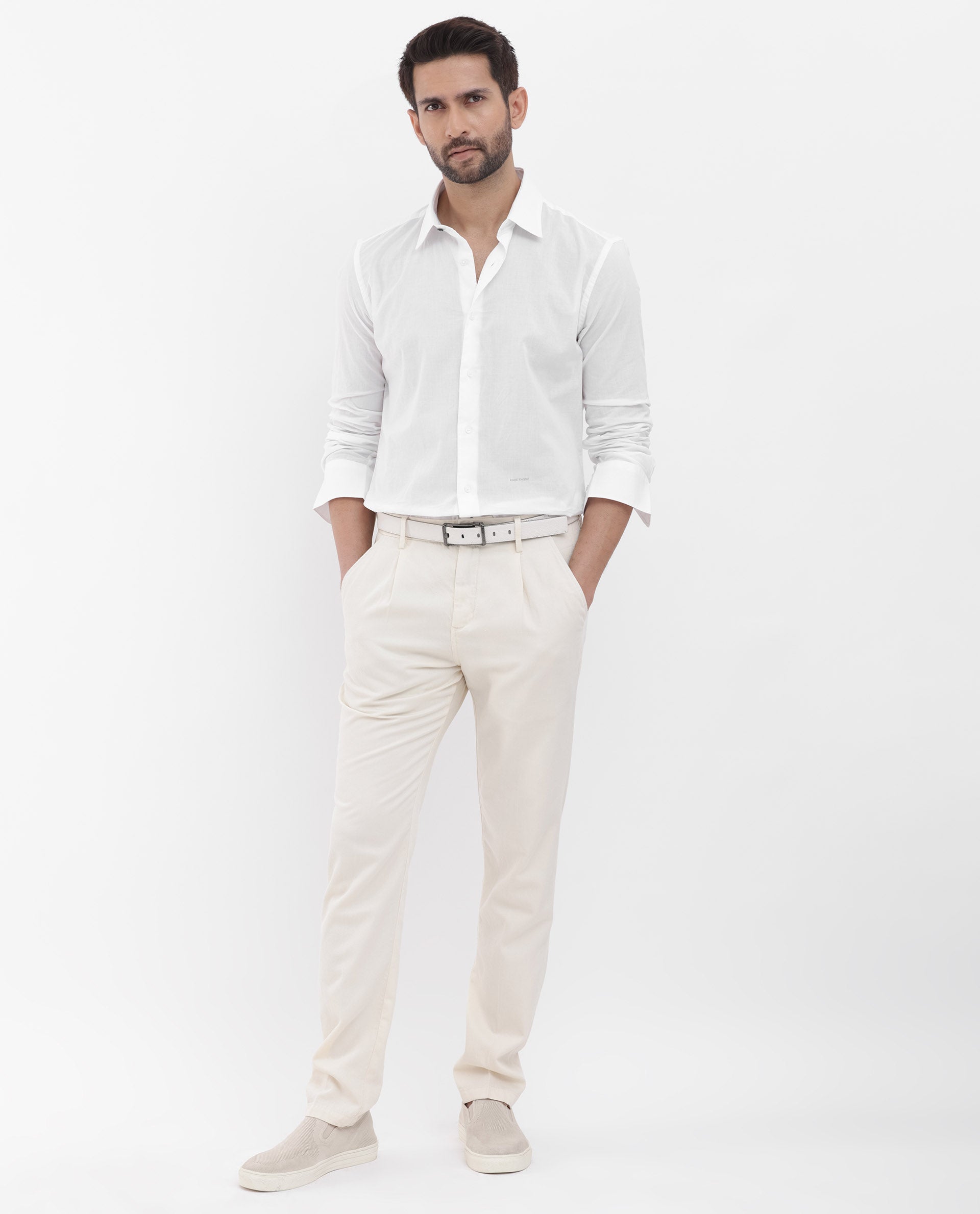 Rare Rabbit Mens Cambo White Cambric Fabric Full Sleeve Solid Shirt