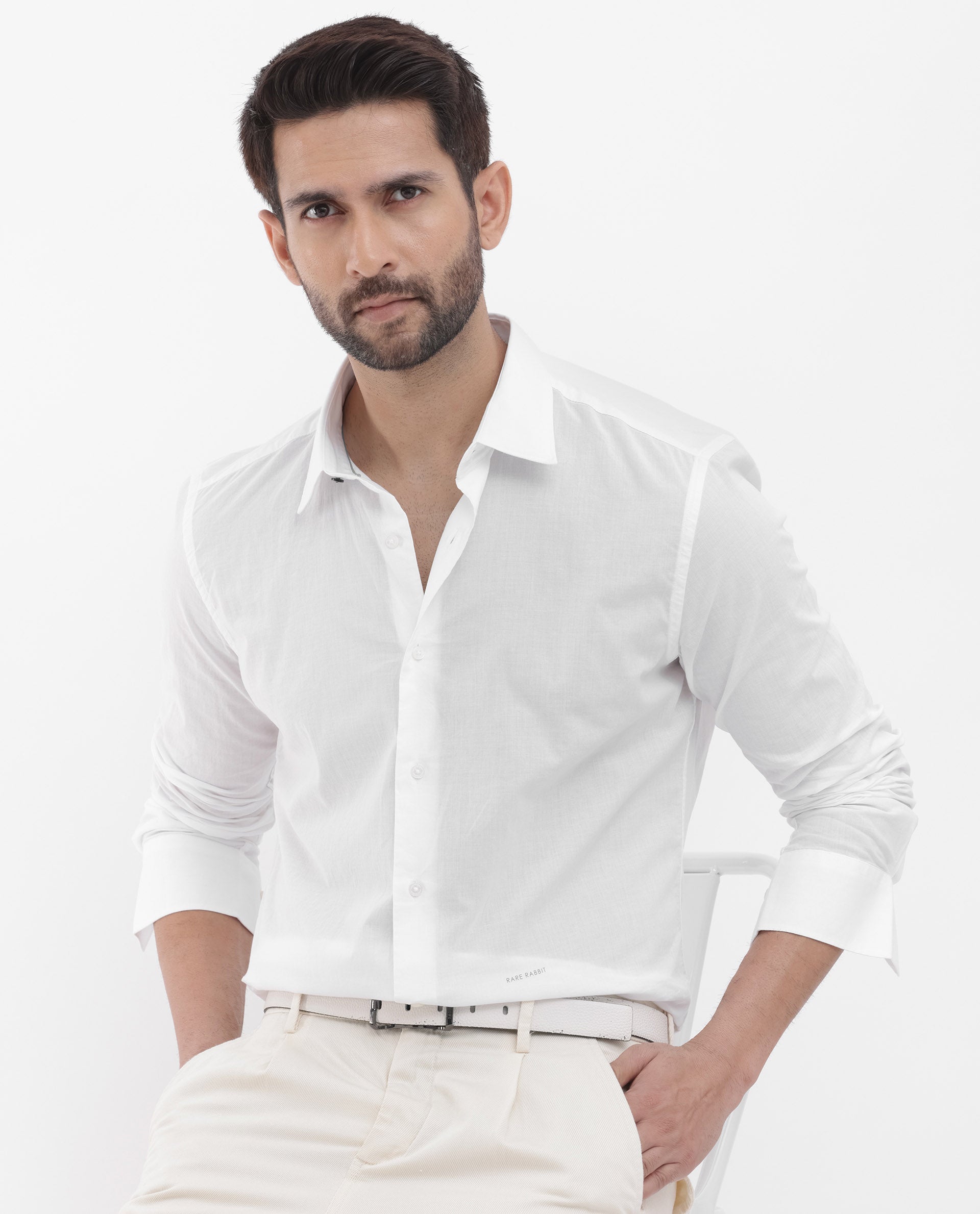 Rare Rabbit Mens Cambo White Cambric Fabric Full Sleeve Solid Shirt