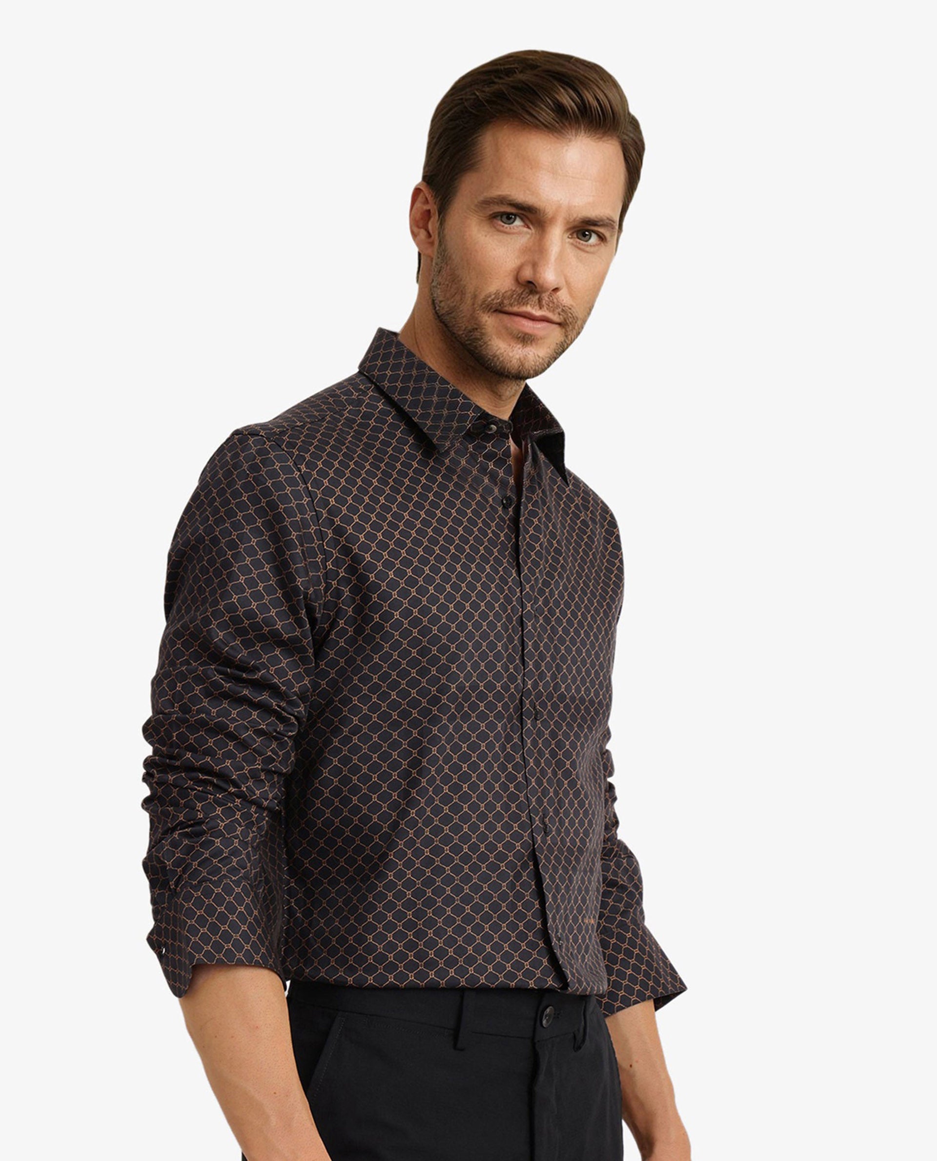 Rare Rabbit Men Camden Black Cotton Viscose Fabric Full Sleeve Regular Fit Geometric Print Shirt