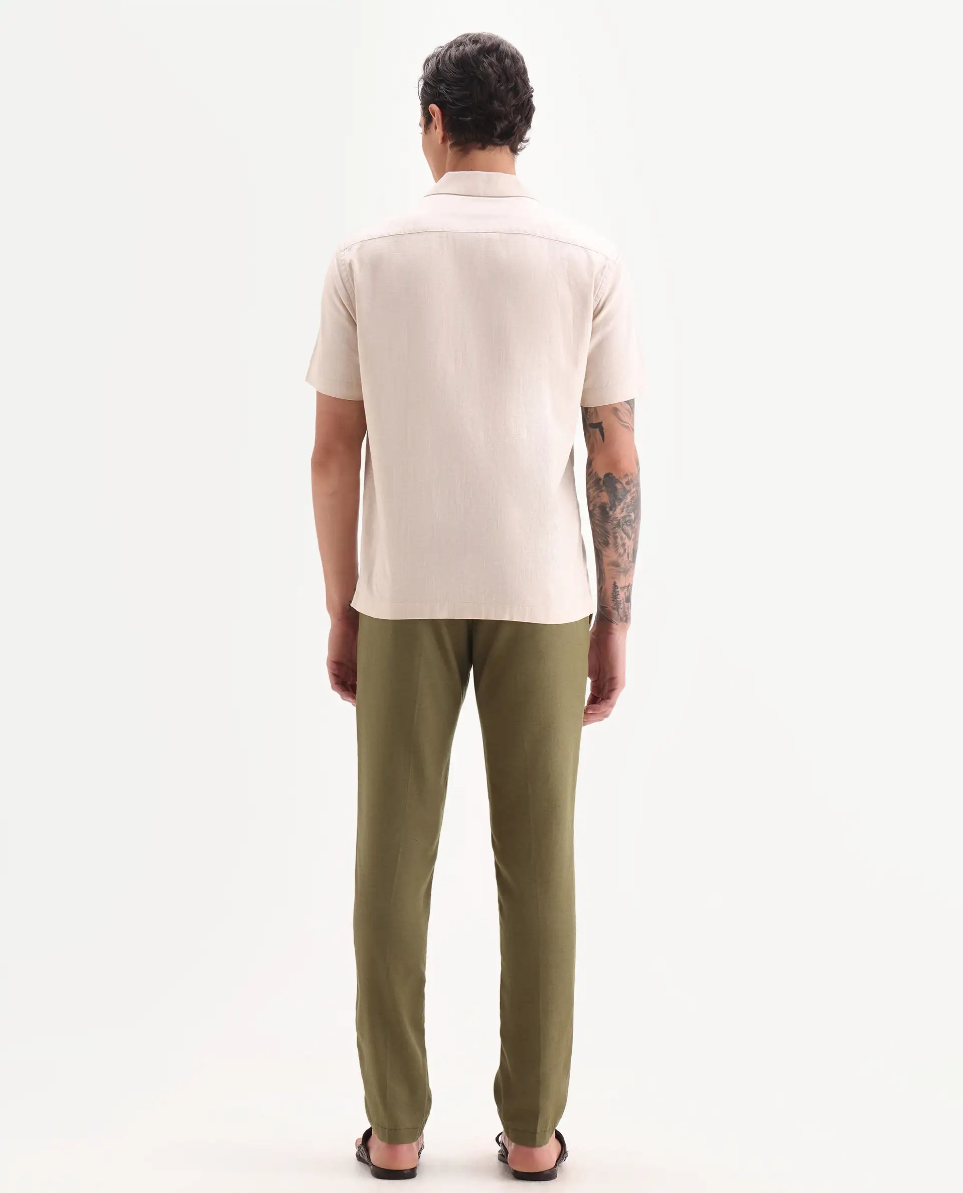 Rare Rabbit Men's Cameo Olive Linen Plain Regular Fit Trouser