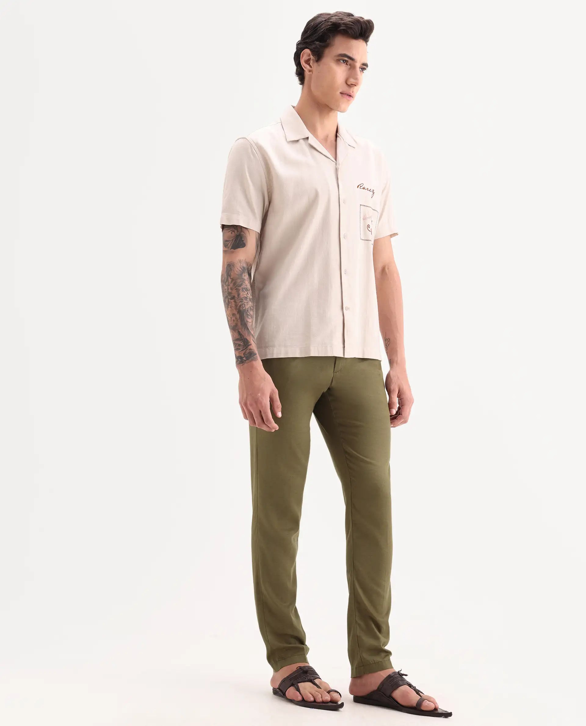 Rare Rabbit Men's Cameo Olive Linen Plain Regular Fit Trouser