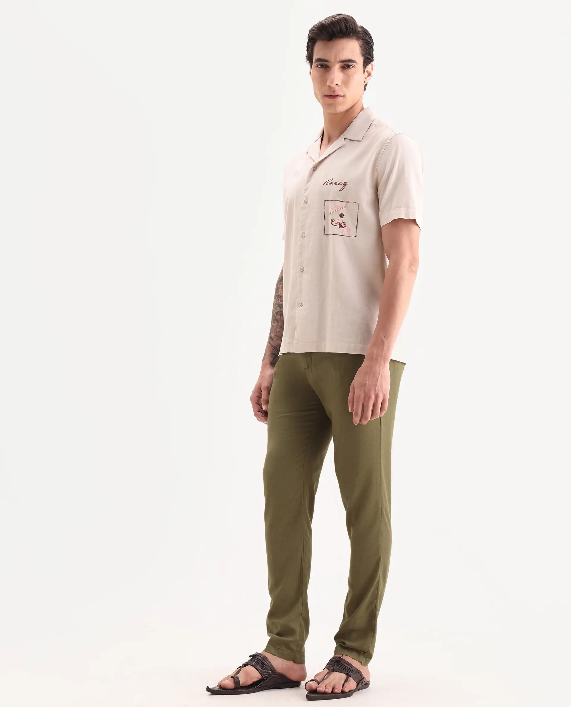 Rare Rabbit Men's Cameo Olive Linen Plain Regular Fit Trouser