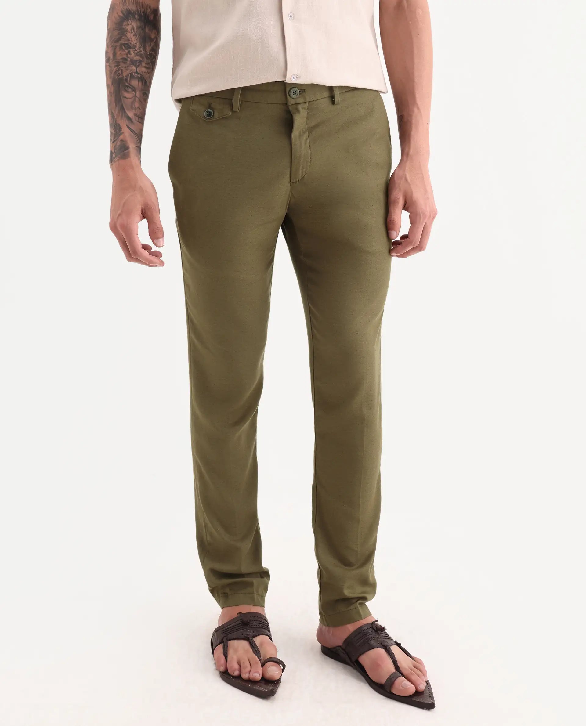 Rare Rabbit Men's Cameo Olive Linen Plain Regular Fit Trouser