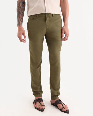 Rare Rabbit Men's Cameo Olive Linen Plain Regular Fit Trouser