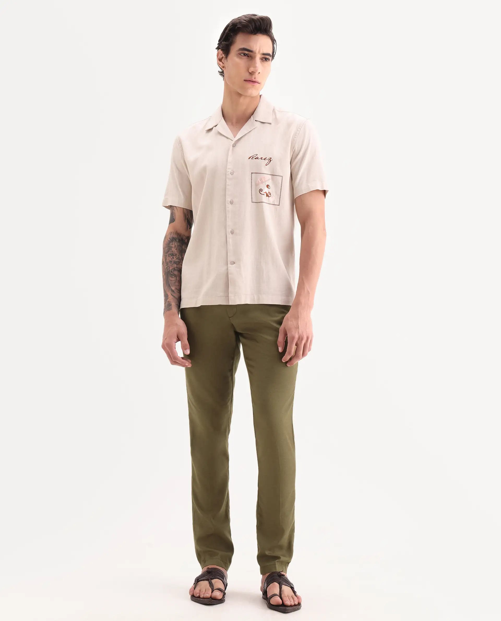 Rare Rabbit Men's Cameo Olive Linen Plain Regular Fit Trouser