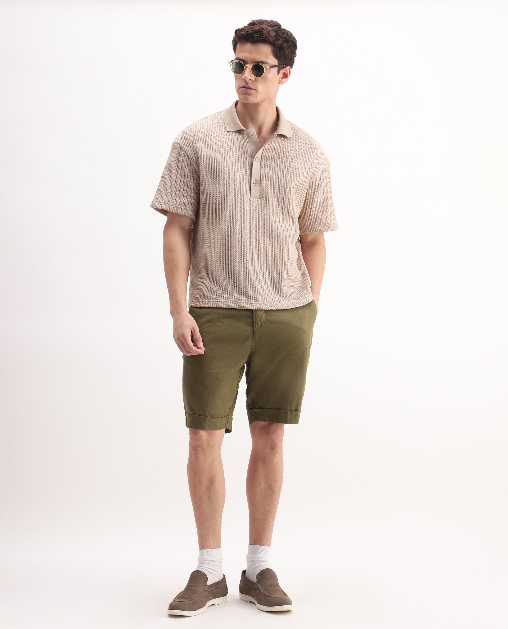 Rare Rabbit Men's Camer Olive 100% Linen Plain Regular Fit Shorts