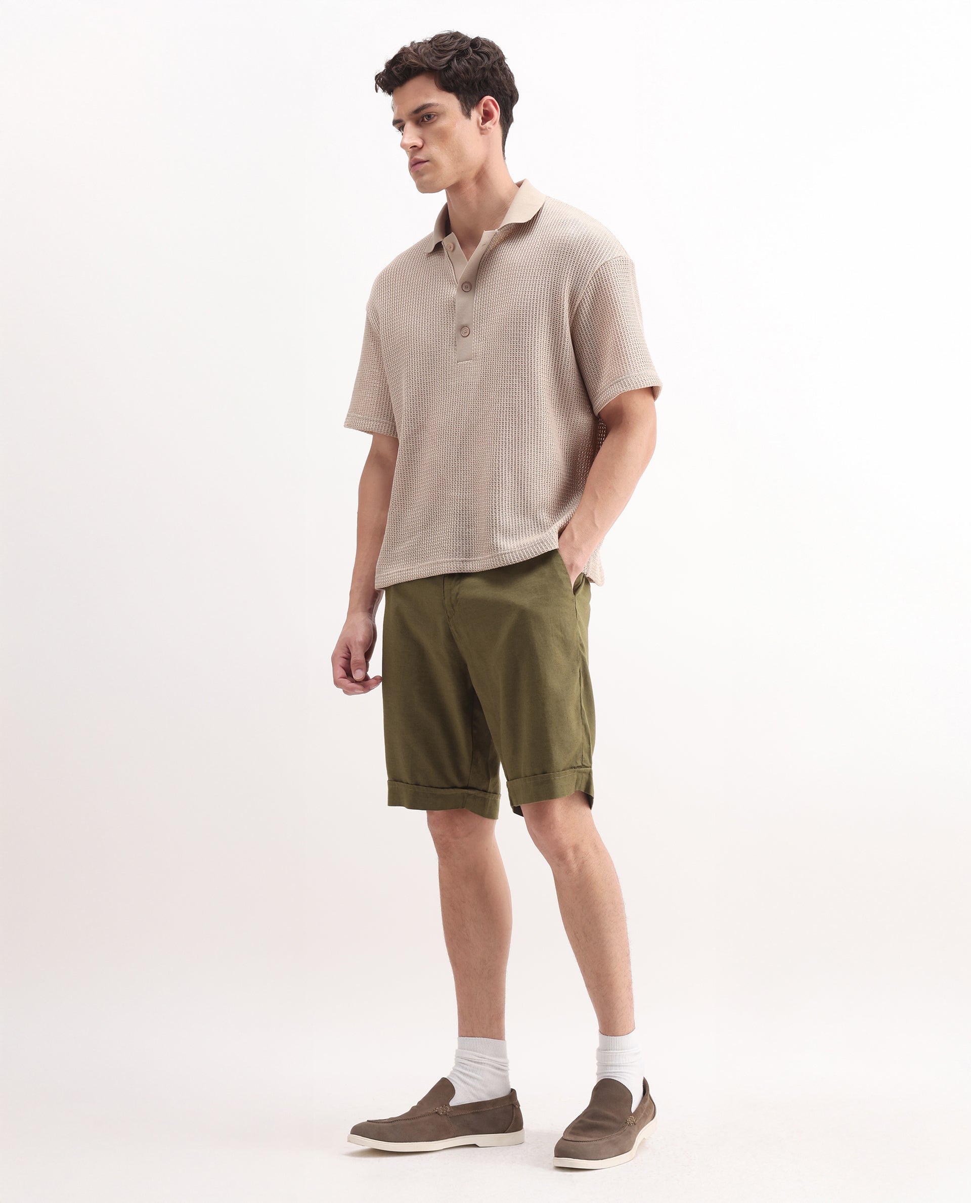 Rare Rabbit Men's Camer Olive 100% Linen Plain Regular Fit Shorts