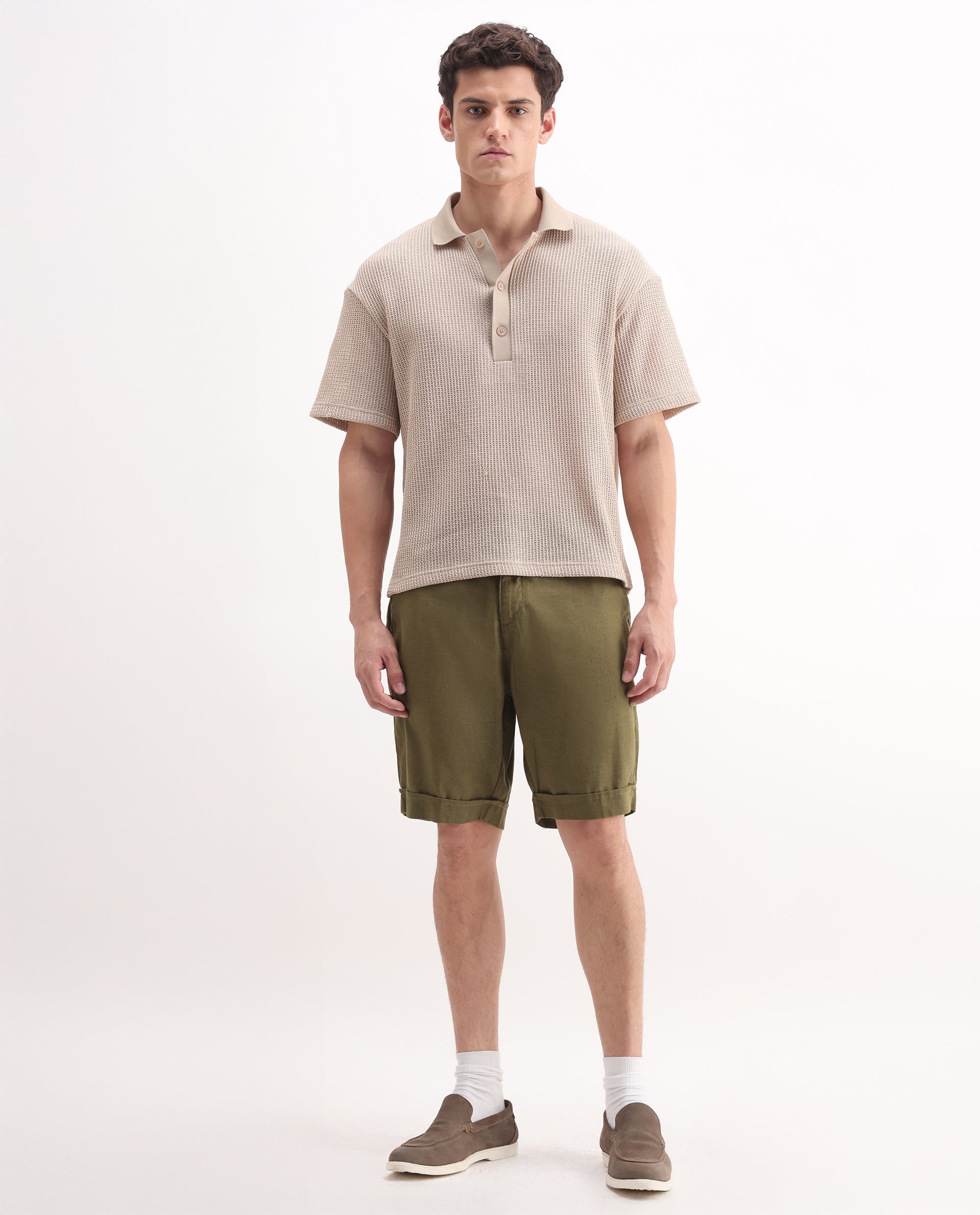 Rare Rabbit Men's Camer Olive 100% Linen Plain Regular Fit Shorts