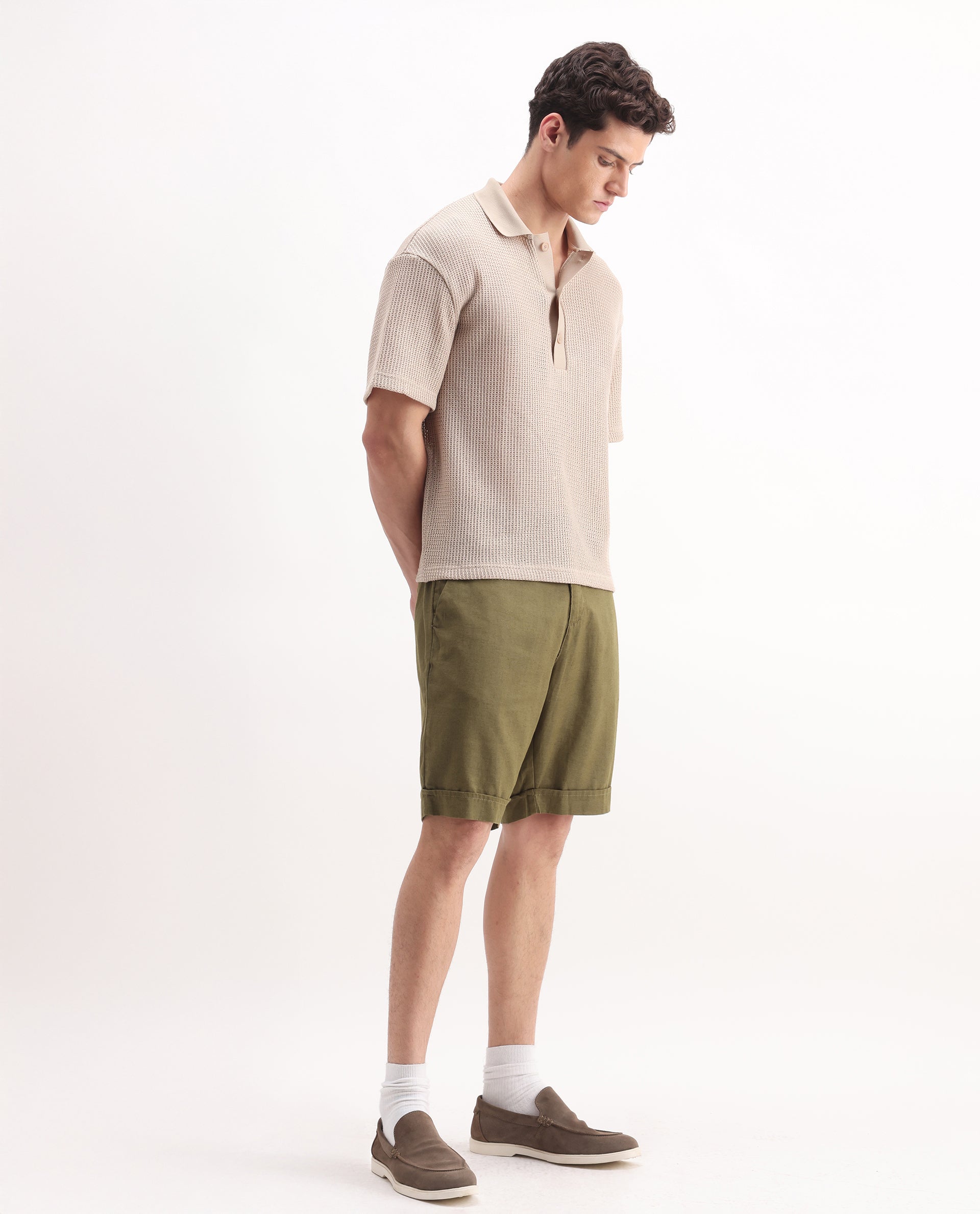 Rare Rabbit Men's Camer Olive 100% Linen Plain Regular Fit Shorts