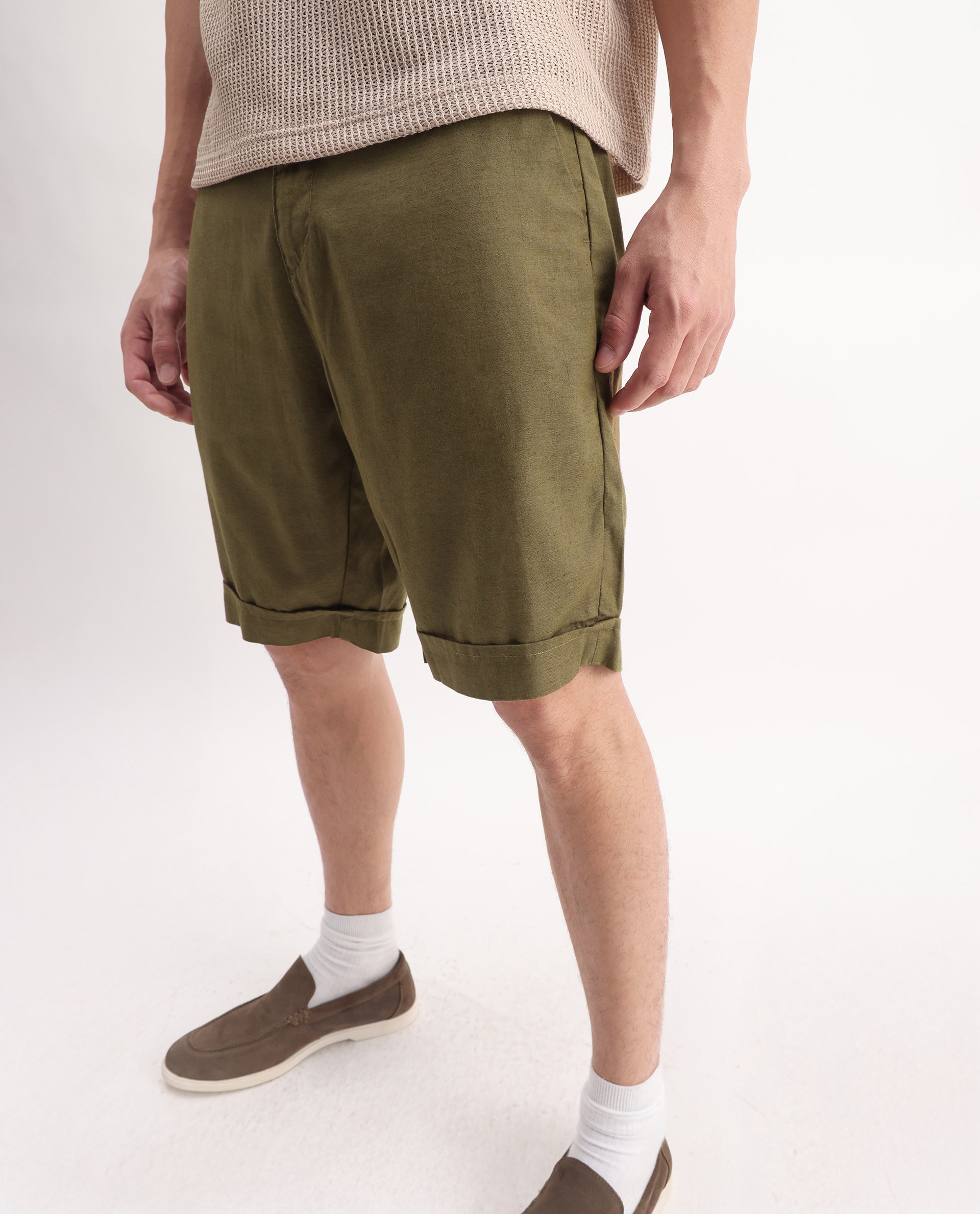 Rare Rabbit Men's Camer Olive 100% Linen Plain Regular Fit Shorts