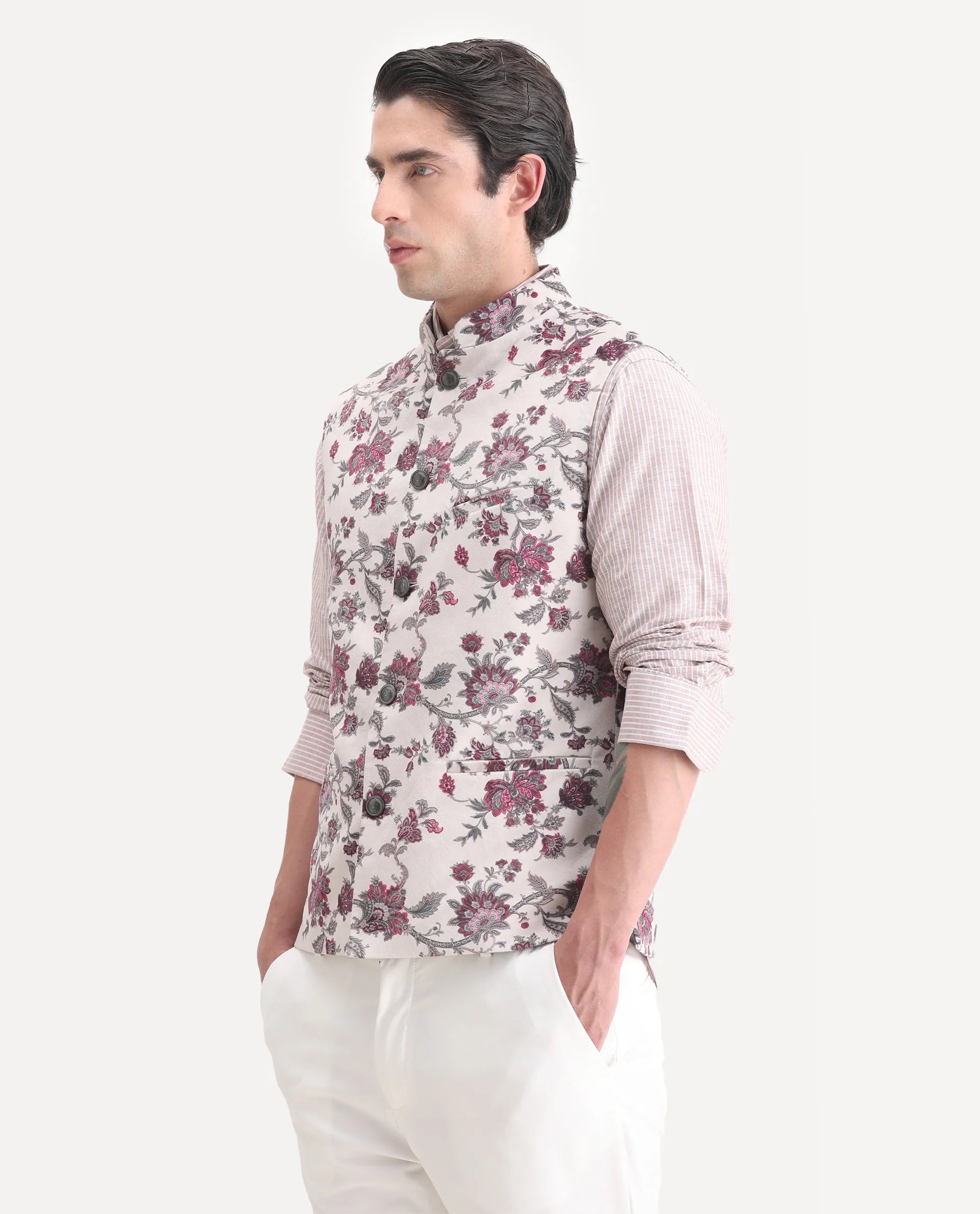 Rare Rabbit Men's Camero Light Beige Velvet Floral Print Tailored Fit Sleeveless Mandarin Collar Bandhgala