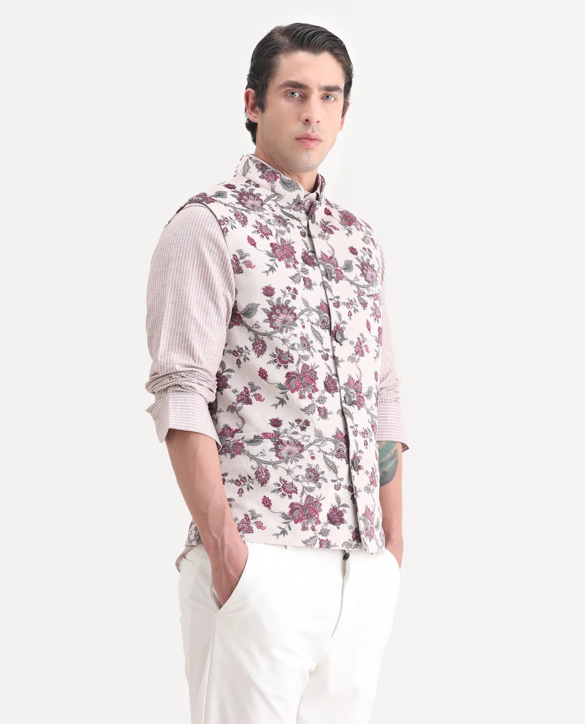 Rare Rabbit Men's Camero Light Beige Velvet Floral Print Tailored Fit Sleeveless Mandarin Collar Bandhgala