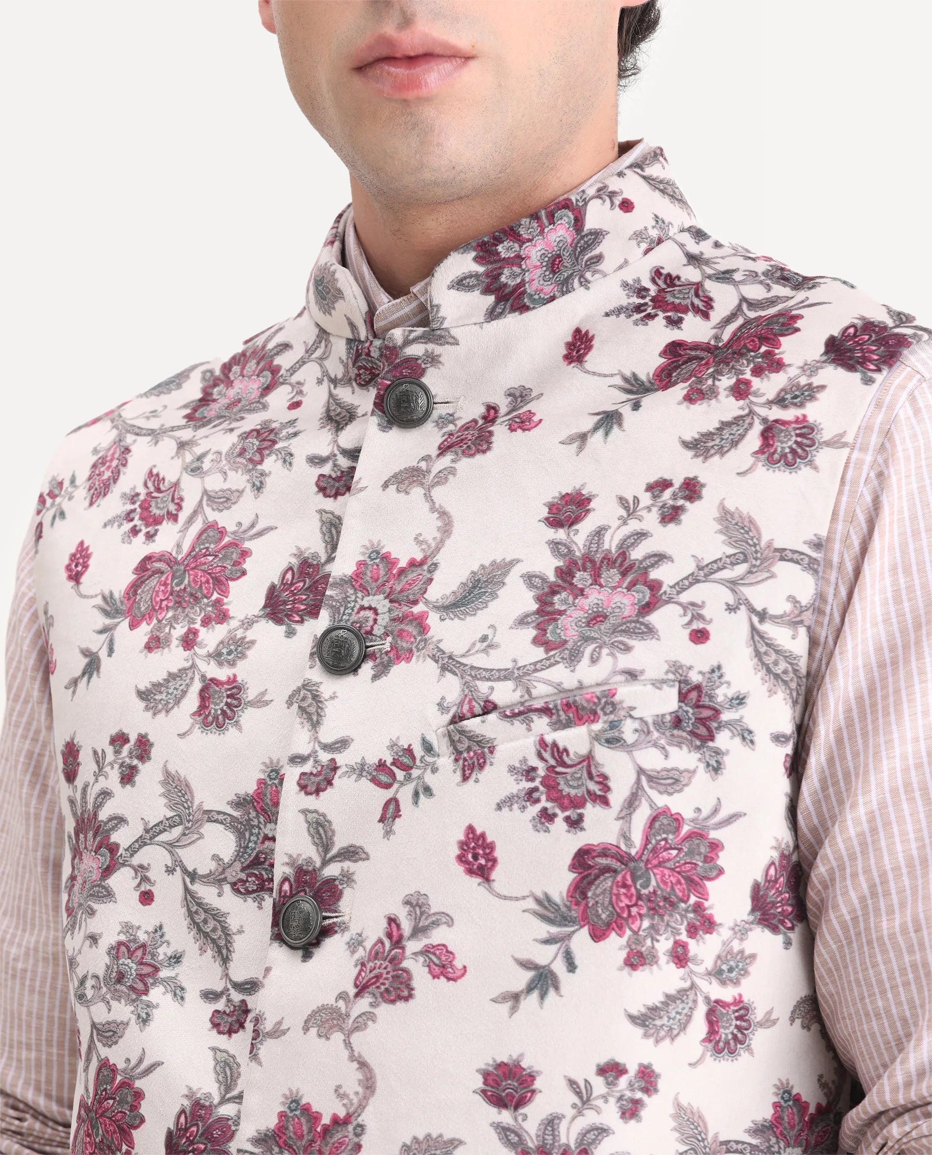 Rare Rabbit Men's Camero Light Beige Velvet Floral Print Tailored Fit Sleeveless Mandarin Collar Bandhgala