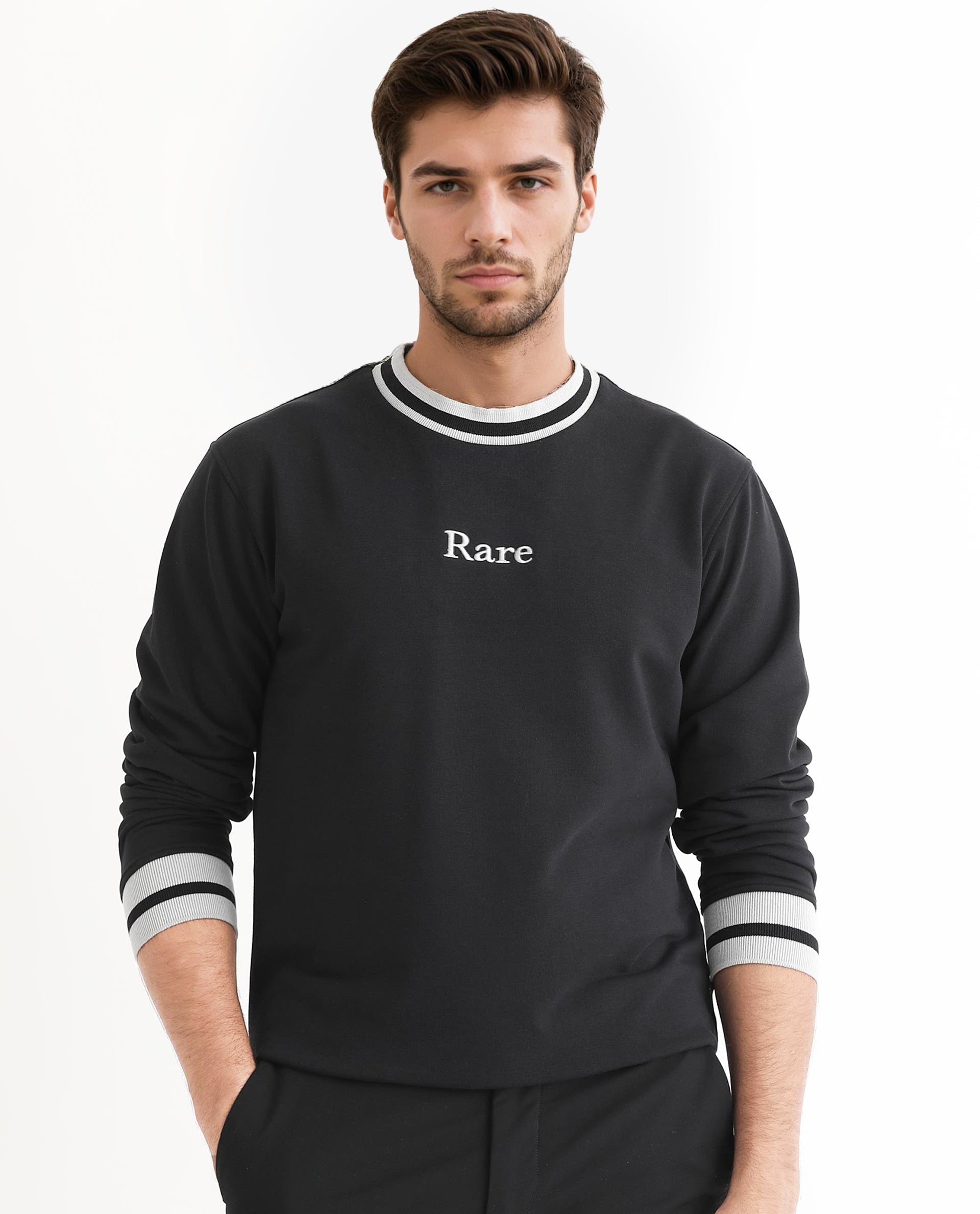 Rare Rabbit Men's Cancet Black Cotton Polyester Fabric Full Sleeves Contrast Stripe Detail Sweatshirt