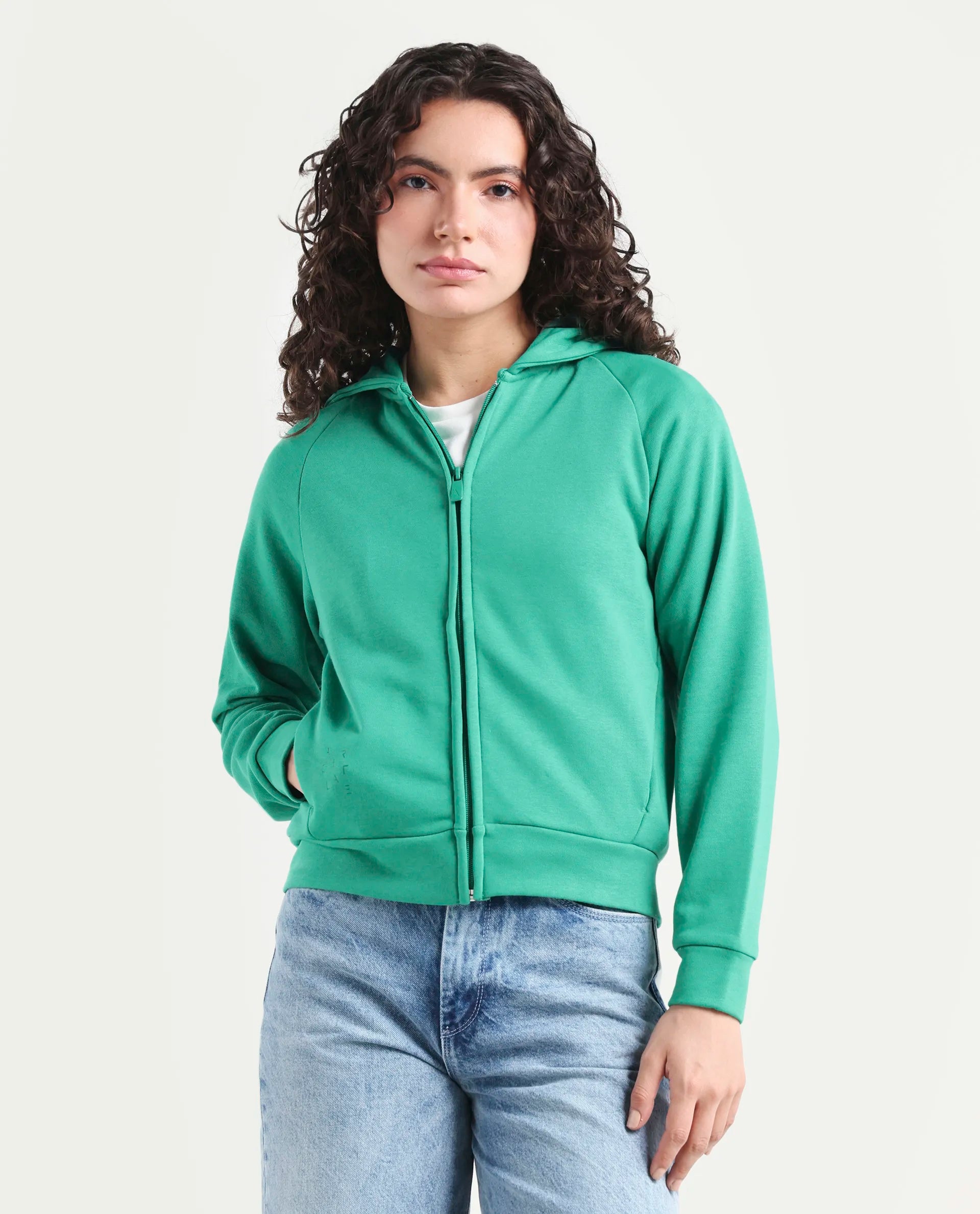 Rareism Women's Medium Weight Terry 290 Gsm Cotton Blend Hooded Plain Regular Fit Jacket