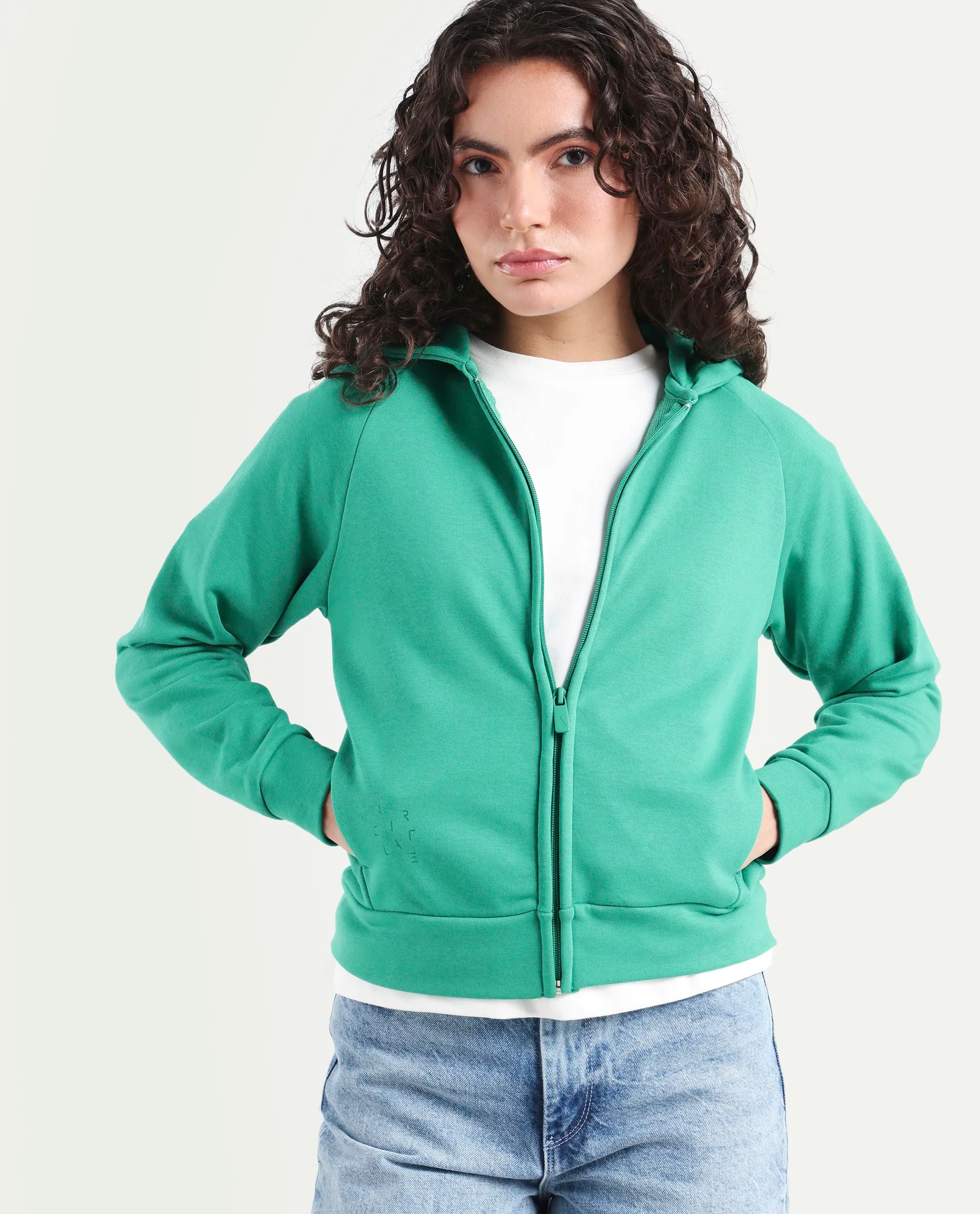 Rareism Women's Medium Weight Terry 290 Gsm Cotton Blend Hooded Plain Regular Fit Jacket
