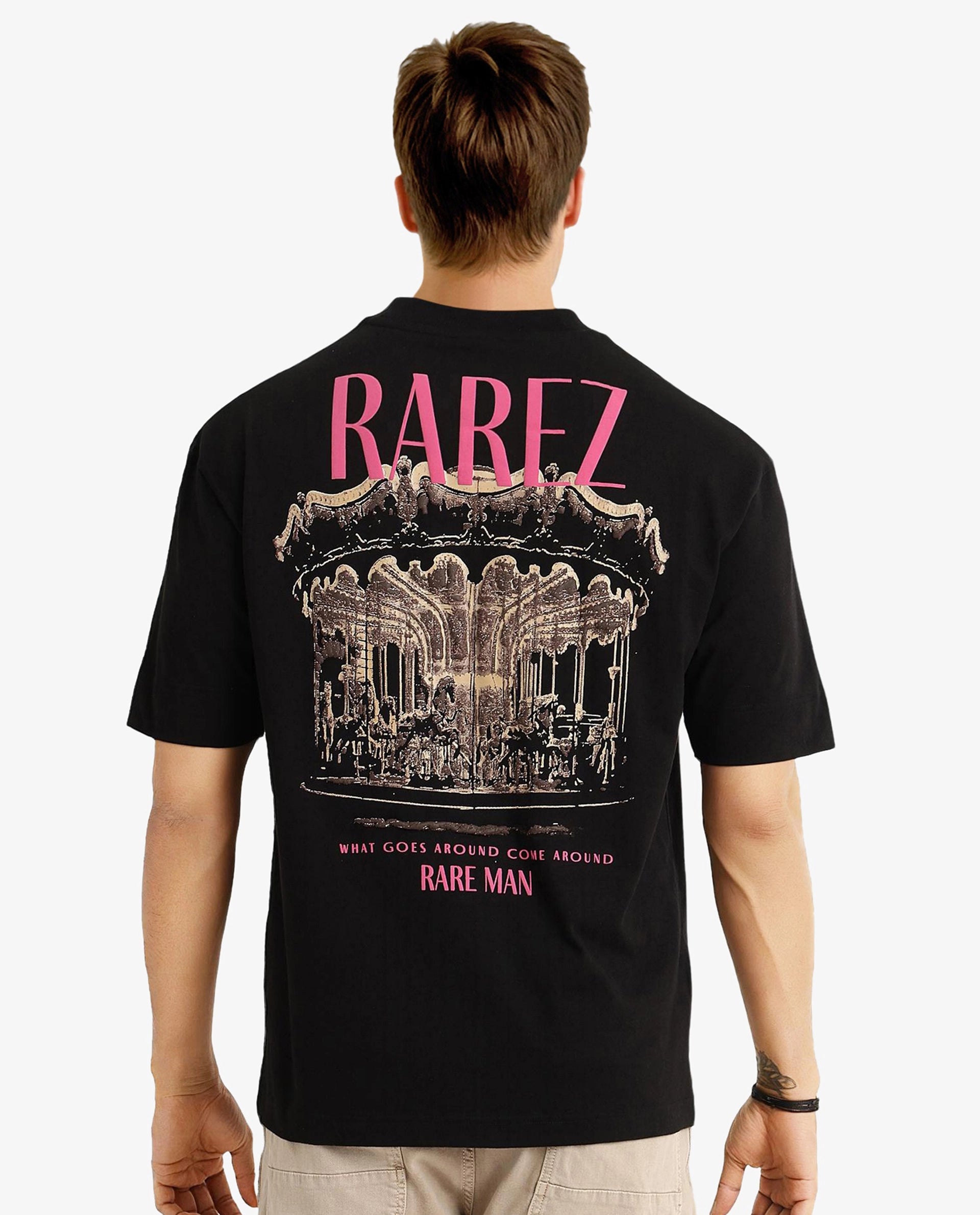 Rare Rabbit Men Carl Black Cotton Fabric Short Sleeve Crew Neck Oversized Fit Graphic Back Print T-Shirt