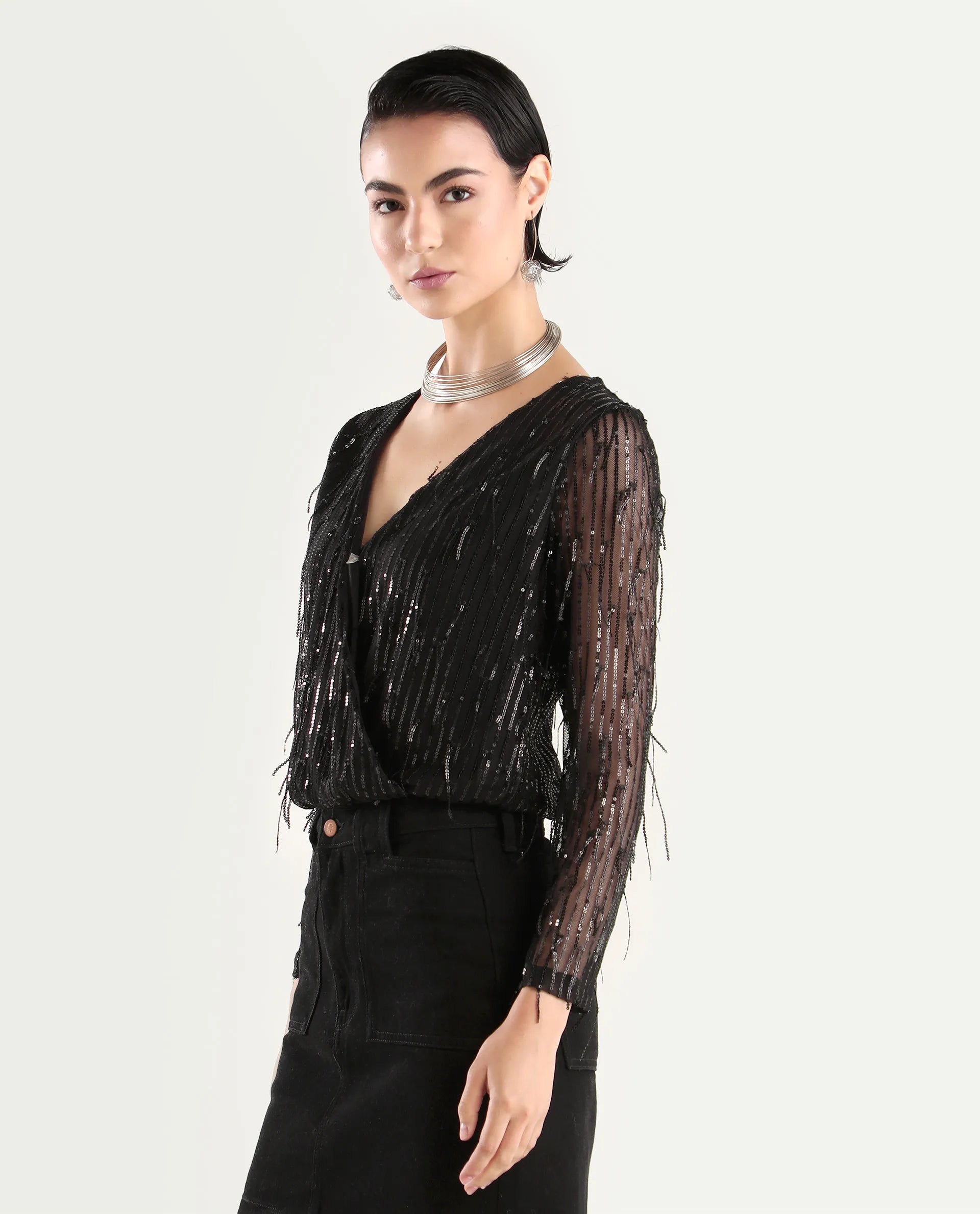 Rareism Women's Carm Metallic Black V-Neck Plain Relaxed Fit Top