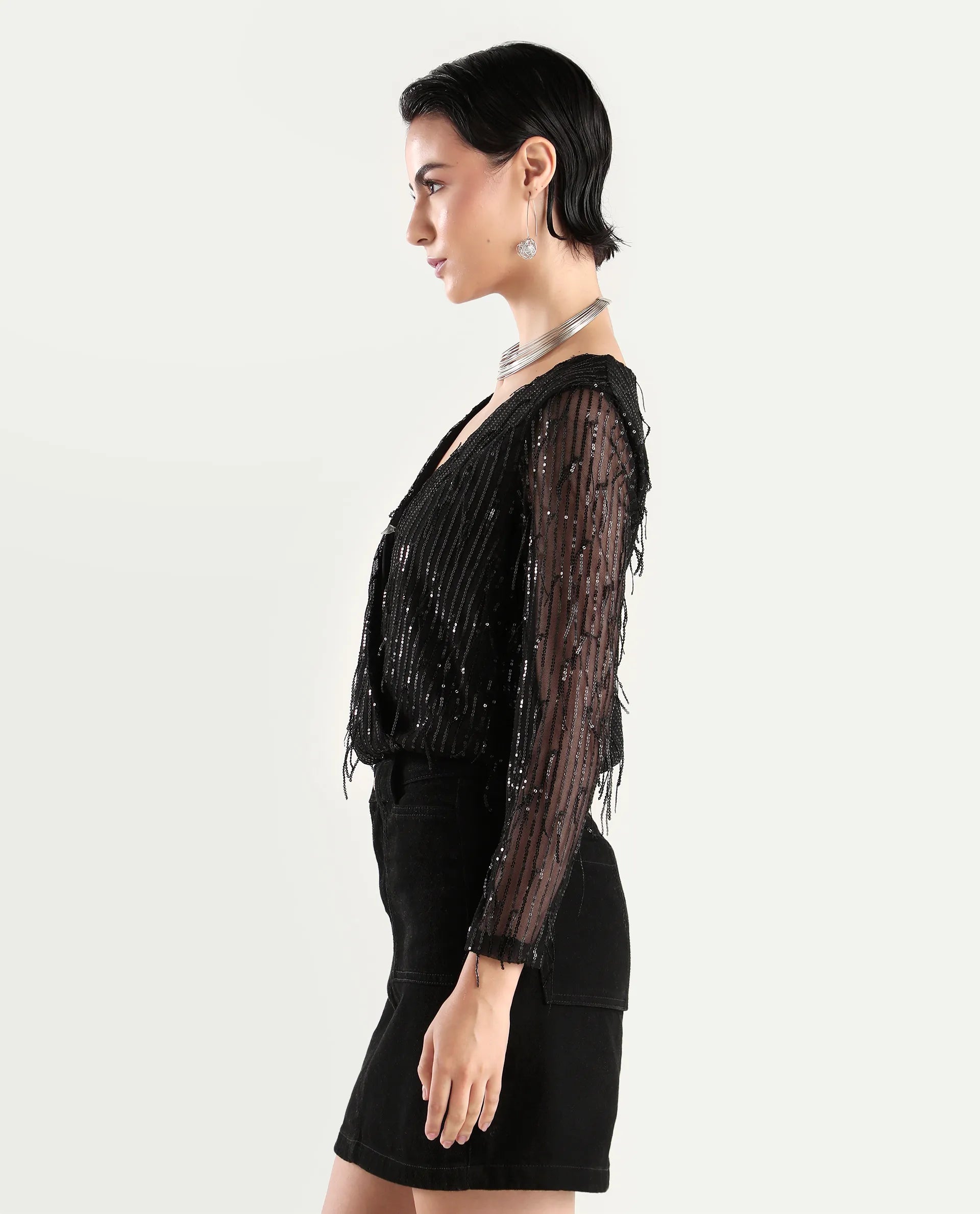 Rareism Women's Carm Metallic Black V-Neck Plain Relaxed Fit Top