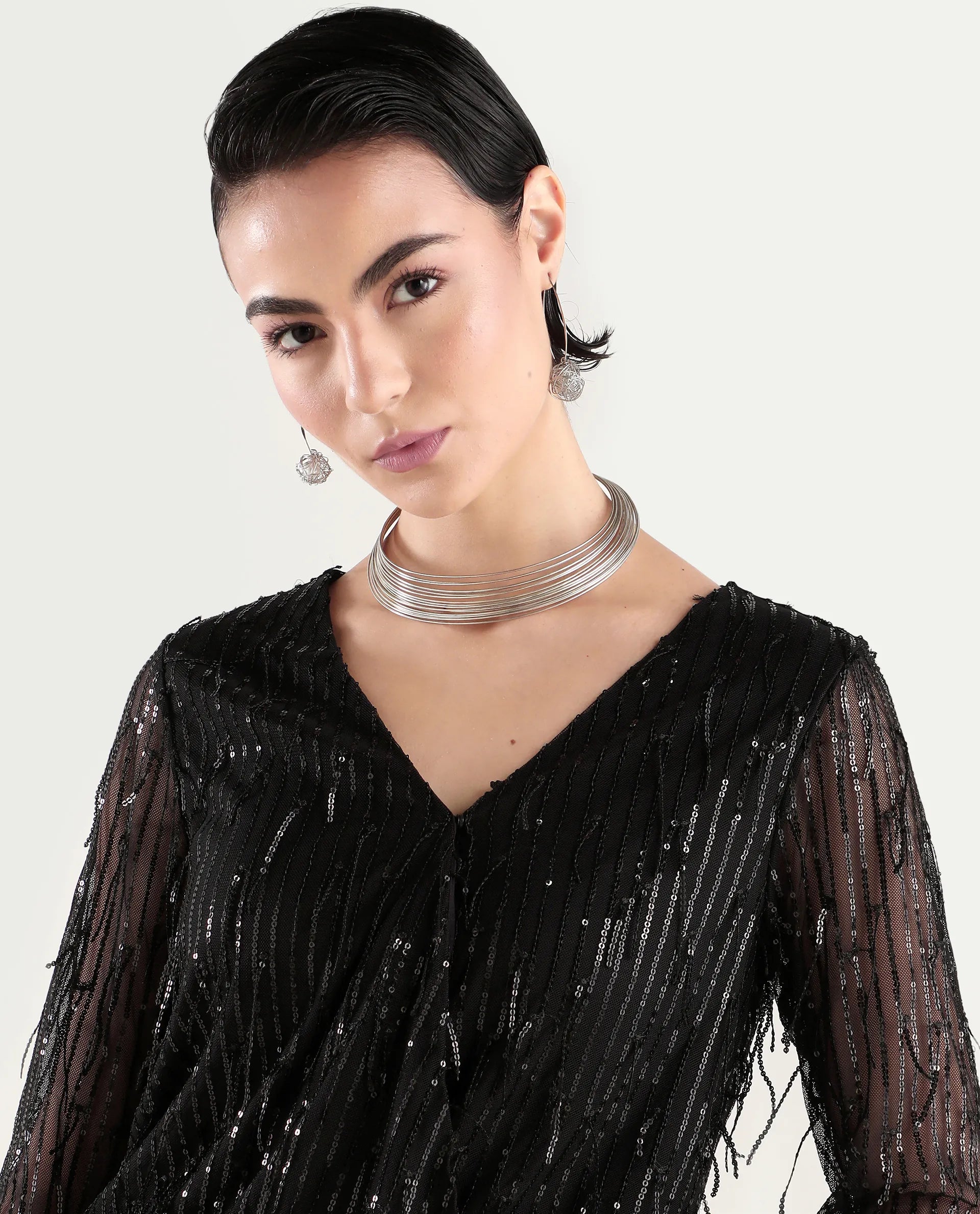 Rareism Women's Carm Metallic Black V-Neck Plain Relaxed Fit Top