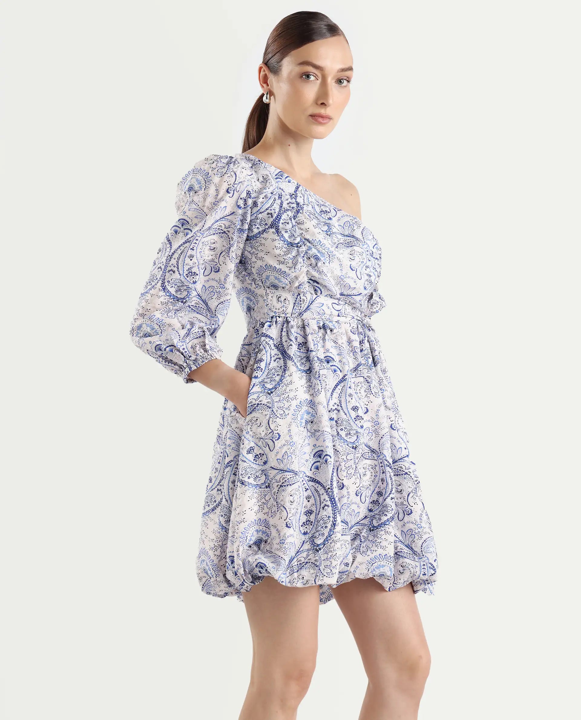 Rareism Women's Carmeno Light Blue Nylon Blend One Shoulder Paisley Print Bishop Sleeve Mini Fit And Flare Dress