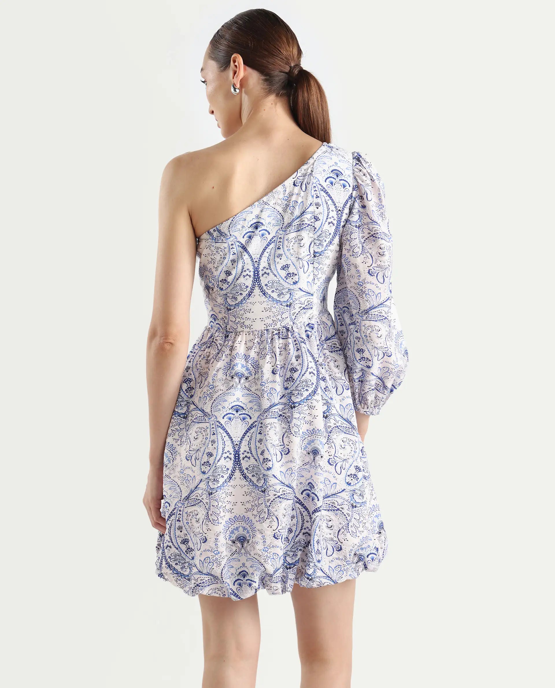 Rareism Women's Carmeno Light Blue Nylon Blend One Shoulder Paisley Print Bishop Sleeve Mini Fit And Flare Dress