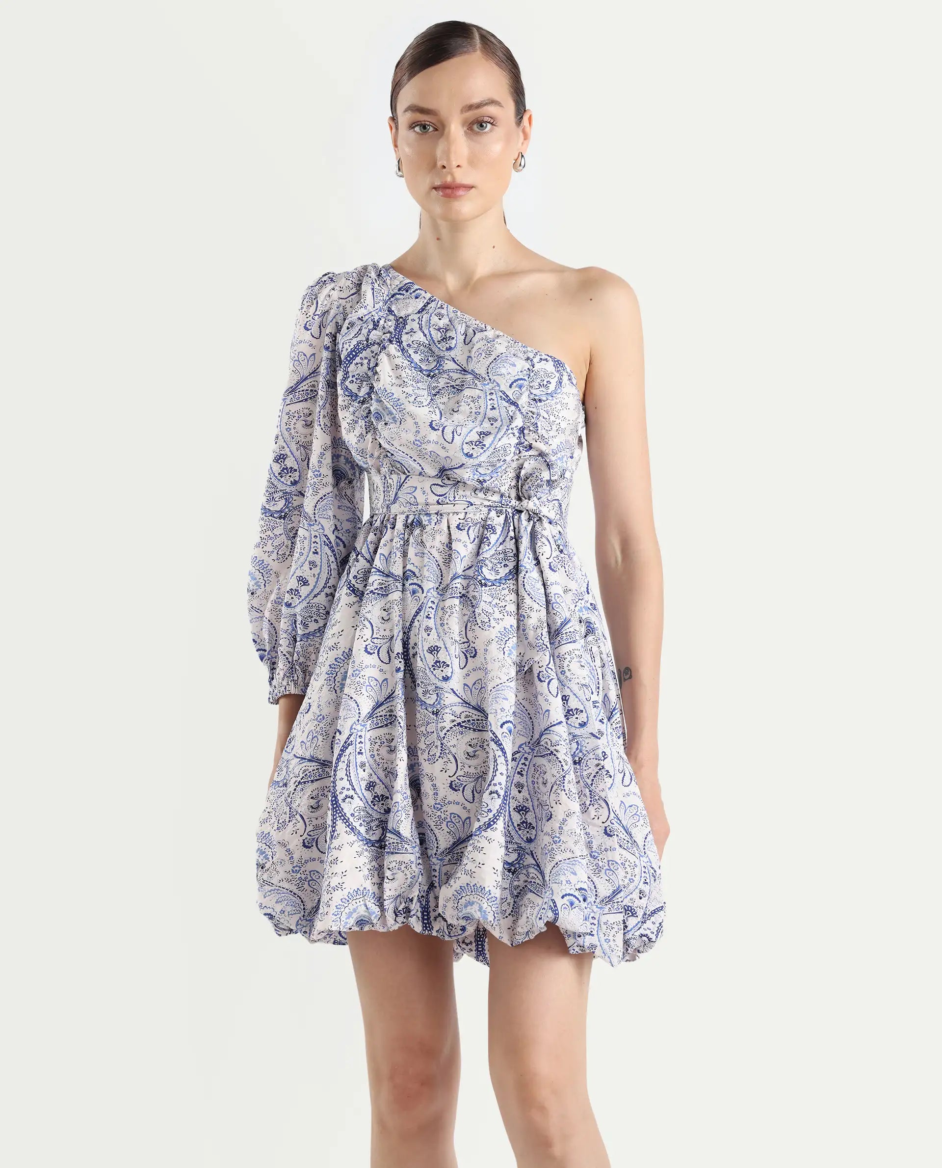 Rareism Women's Carmeno Light Blue Nylon Blend One Shoulder Paisley Print Bishop Sleeve Mini Fit And Flare Dress