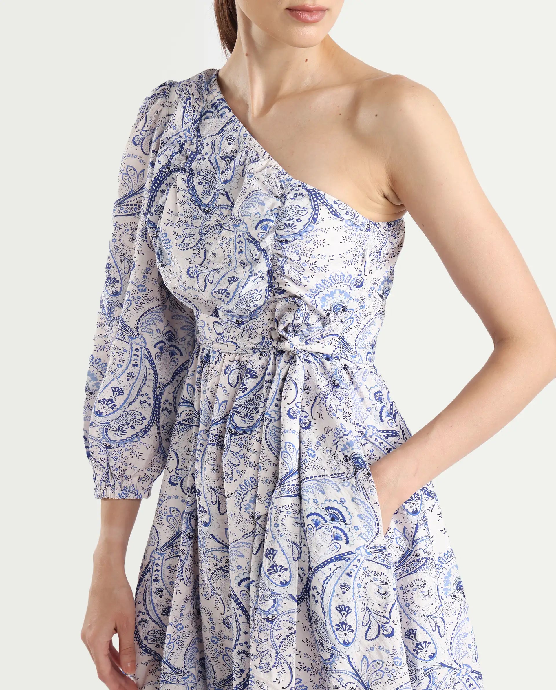 Rareism Women's Carmeno Light Blue Nylon Blend One Shoulder Paisley Print Bishop Sleeve Mini Fit And Flare Dress