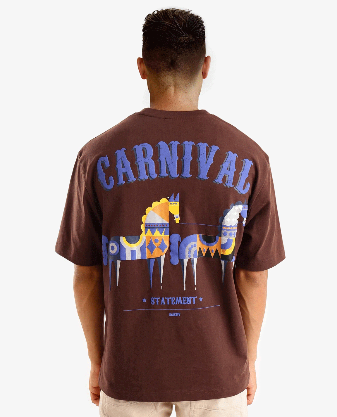 Rare Rabbit Men Carn Brown Short Sleeve Crew Neck Boxy Fit Printed T-Shirt