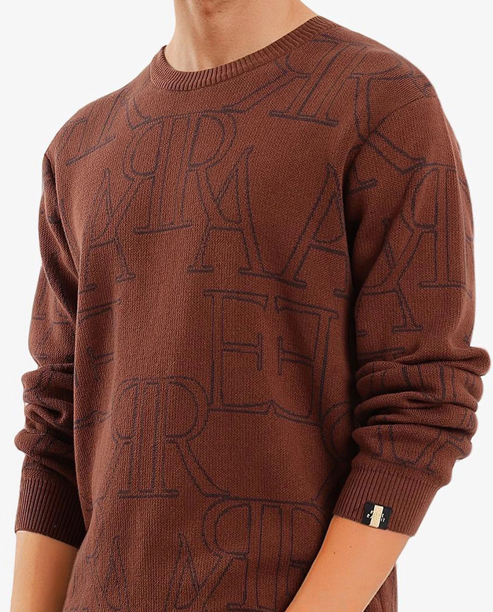 Rare Rabbit Men's Carrit Brown Cotton Fabric Full Sleeve Crew Neck Jacquard Sweater