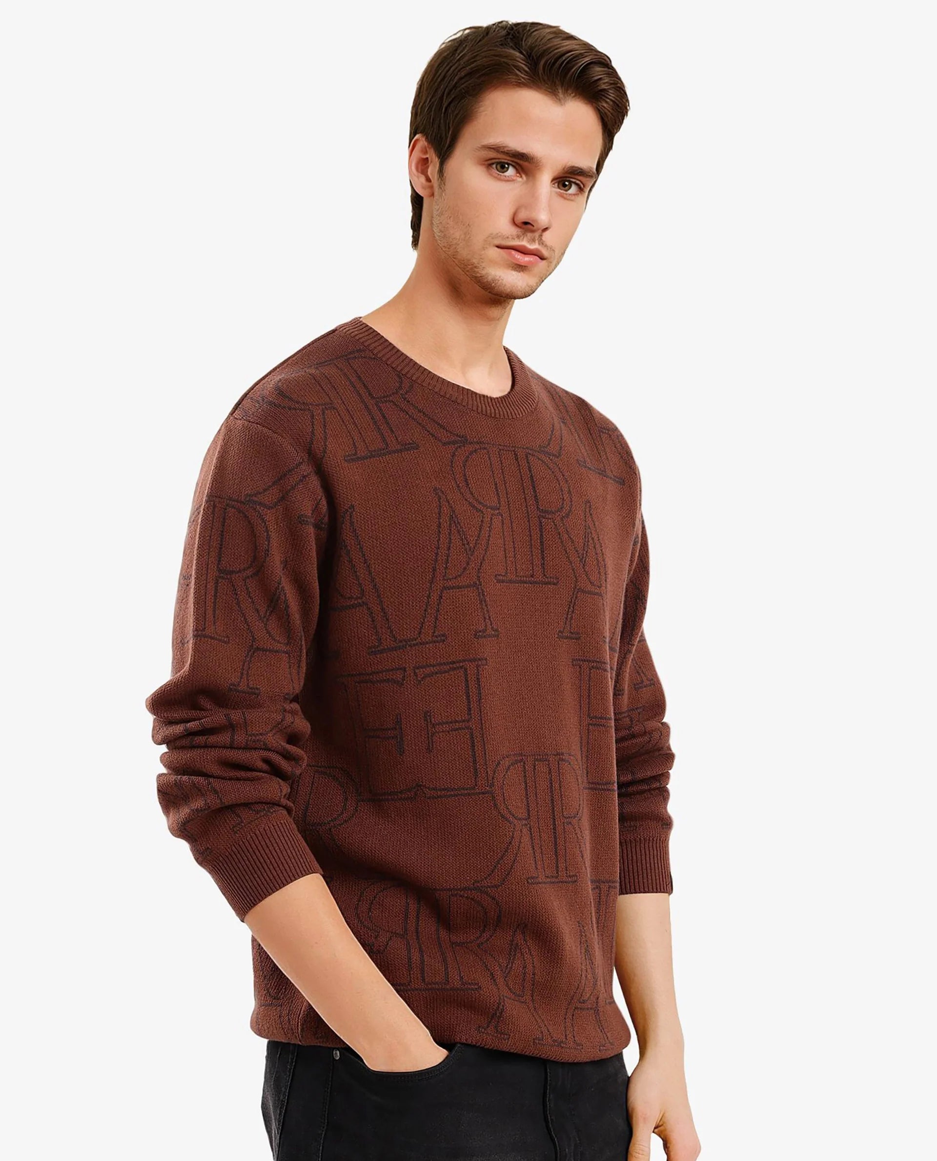Rare Rabbit Men's Carrit Brown Cotton Fabric Full Sleeve Crew Neck Jacquard Sweater