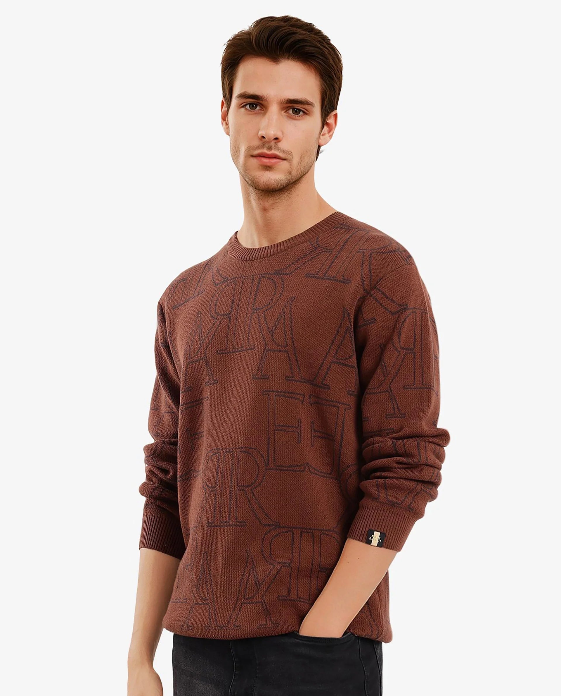 Rare Rabbit Men's Carrit Brown Cotton Fabric Full Sleeve Crew Neck Jacquard Sweater