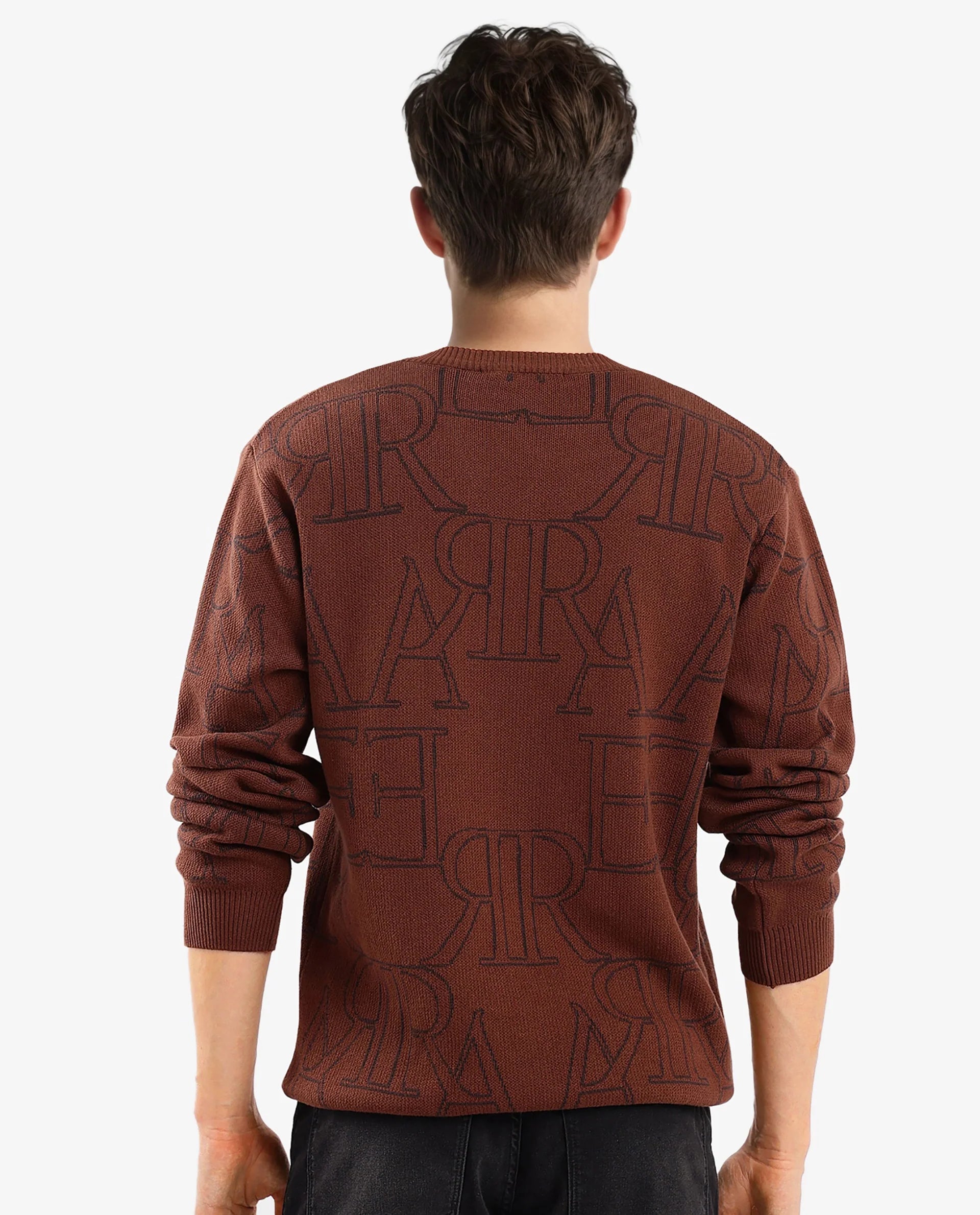 Rare Rabbit Men's Carrit Brown Cotton Fabric Full Sleeve Crew Neck Jacquard Sweater