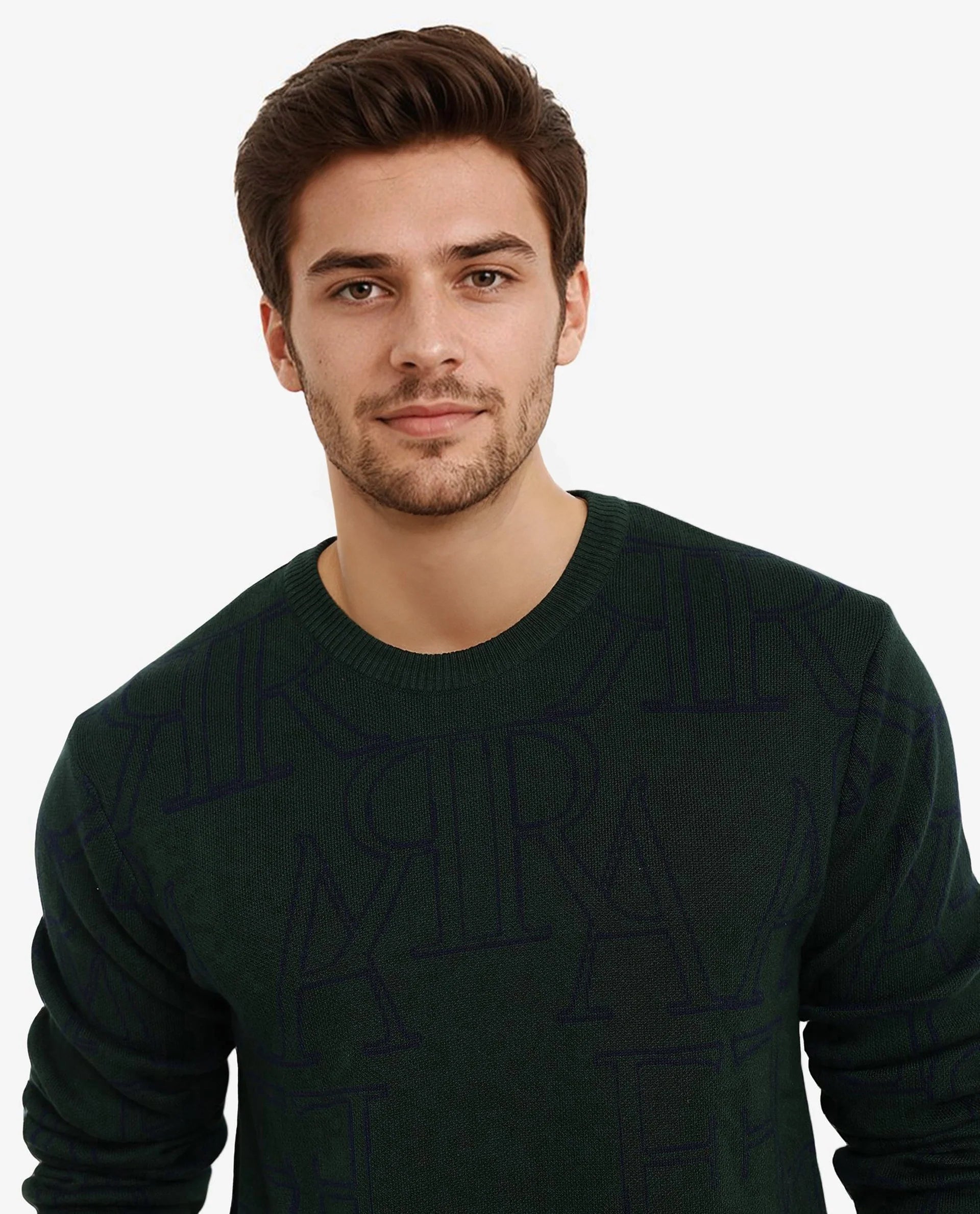 Rare Rabbit Men's Carrit Green Cotton Fabric Full Sleeve Crew Neck Regular Fit Monogram Jacquard Textured Sweater