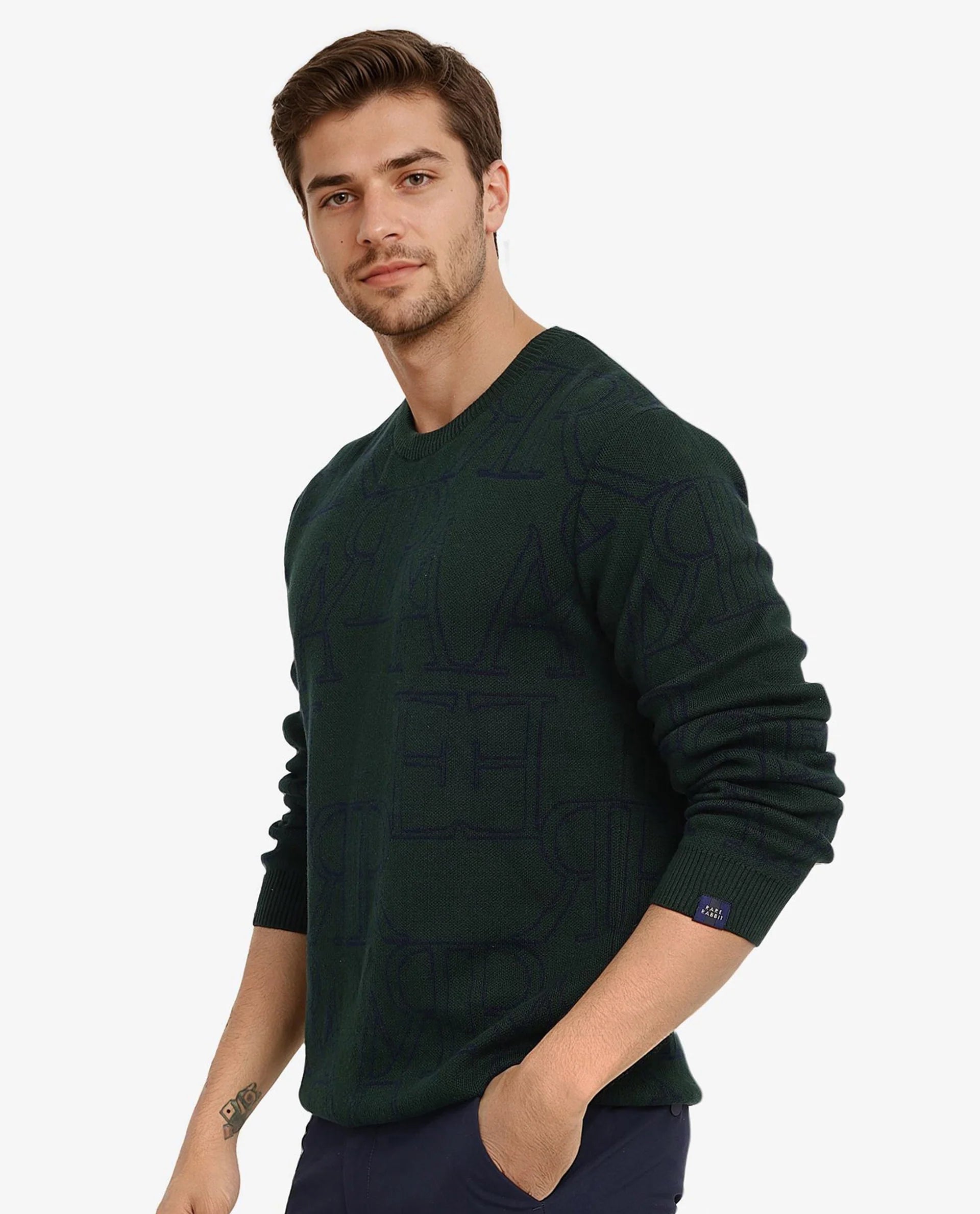 Rare Rabbit Men's Carrit Green Cotton Fabric Full Sleeve Crew Neck Regular Fit Monogram Jacquard Textured Sweater